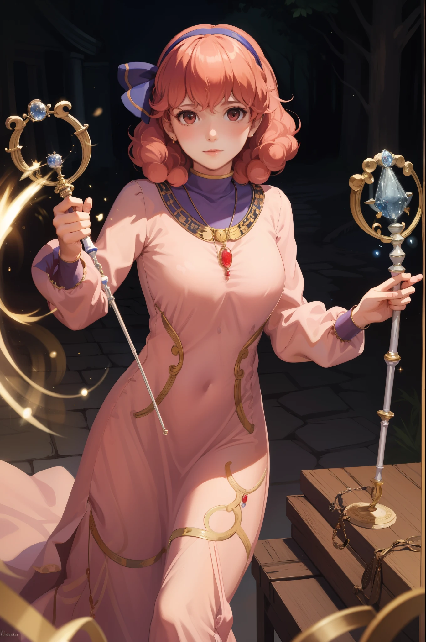 masterpiece, best quality, genny, hairband, necklace, long dress, looking at viewer, holding magic staff