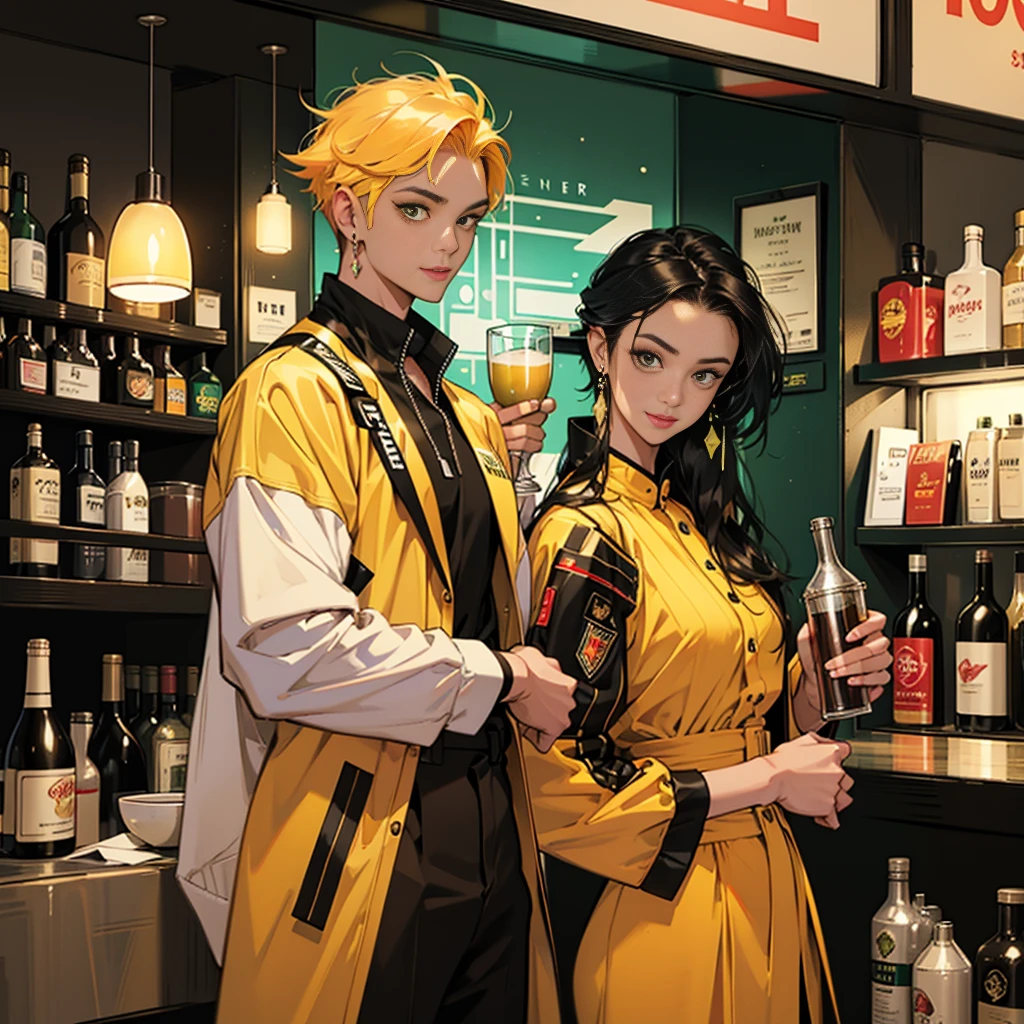 Best quality,tmasterpiece,Ultra-high resolution fills the picture,Indoor at night,bar in the sky, yellow and green color scheme for the wine bar,There was beer and wine, the night, inside in room, beer tapper machine, wine rack lockers, neon color scheme, orange-white hair,Black fashion clothing,yellow and green matching outfits, boxer, beautiful girl,cyberpunk background, background is colorful,Lateral face,Smiling,Various laid-back poses,Perfect makeup,Love eyes,8K quality,cyber punk personage,sense of science and technology,Character backlighting,rim-light,Movement changes,Flowing hairstyle,Loose hairstyle,The number of fingers is refined,The most beautiful girl in mankind,Wear a headband,Luminous accessories, Luminous earrings, Wear delicate accessories, Delicate close-up of the face, Realistic image quality,Super light and shadow,Very good figure,Meticulous,Have a cup or coffee on the roof in the evening,Very good figure,Raised sexy, luminous, Cool,Very stylish bar, wine bar at night, Ray gorgeous, Have food, Laugh happily,