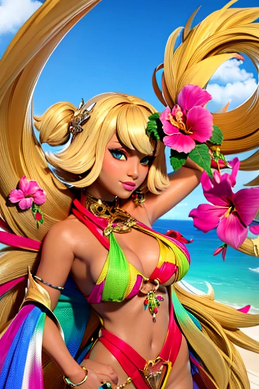 Ganguro is one of the most extreme substyles of gyaru. It features the classic gyaru silhouette but adds in extreme tanning, bright white makeup around the eyes, light-colored lipstick, and bright, often neon, colored clothing. Extremely blond died hair is also popular in the style. The substyle also often exaggerates classic gyaru features, such as extremely long nails decorated with many charms. added stickers on the face, hibiscus flowers, leis, and more accessories to the styl