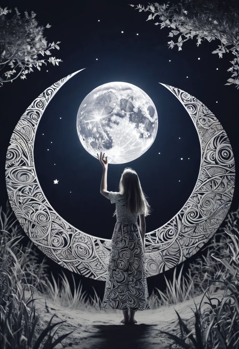 optical illusion, a girl in the distance, it seems that she is holding the moon in her hands, distant shot and close shot, optical illusion, zentangle, origami, cinematic,