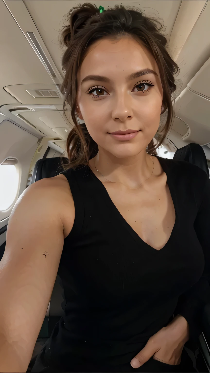 femme de 30 ans brune, la peau un peu mate, avec des cheveux noir, un chignon, les yeux marrons/vert, le visage fin, mince et classe assise dans un avion en business classe, elle se prend en selfie