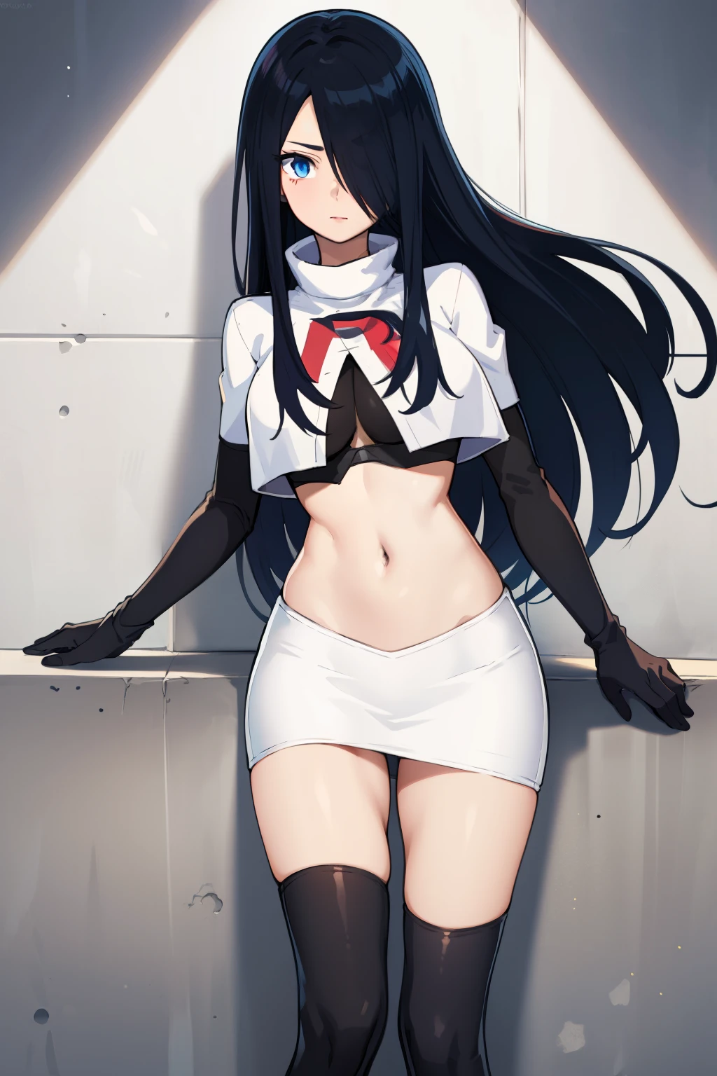 1girl, solo, (masterpiece, best quality:1.4), extremely detailed face, perfect lighting, pawoonekoyanagi, hair over one eye, very long hair, black hair, blue eyes, scar, burn scar, team rocket,team rocket uniform,white skirt,crop top,black thigh-highs,black elbow gloves,