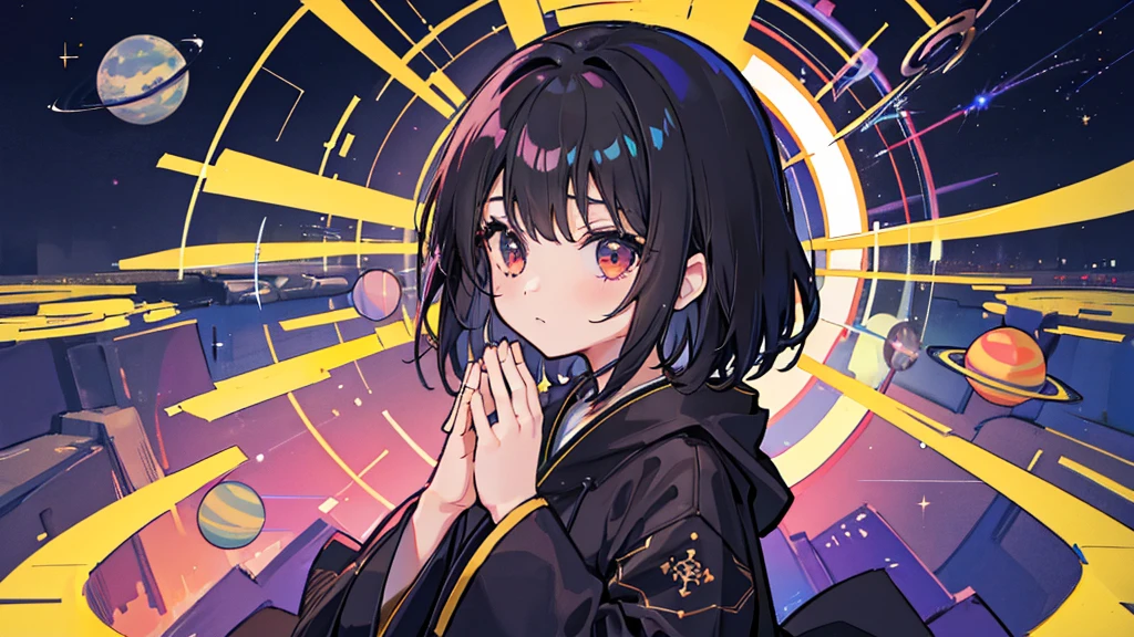 (1 girl, black hair, black robe, praying, kawaii), (universe, various planets)