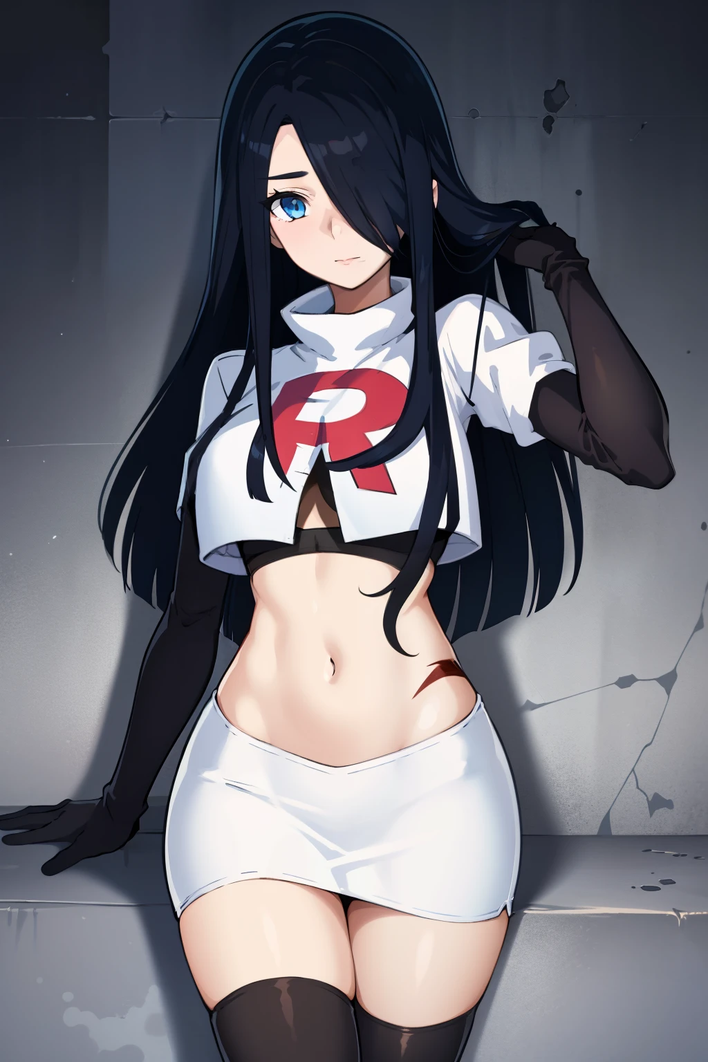 1girl, solo, (masterpiece, best quality:1.4), extremely detailed face, perfect lighting, pawoonekoyanagi, hair over one eye, very long hair, black hair, blue eyes, scar, burn scar, team rocket,team rocket uniform,white skirt,crop top,black thigh-highs,black elbow gloves,