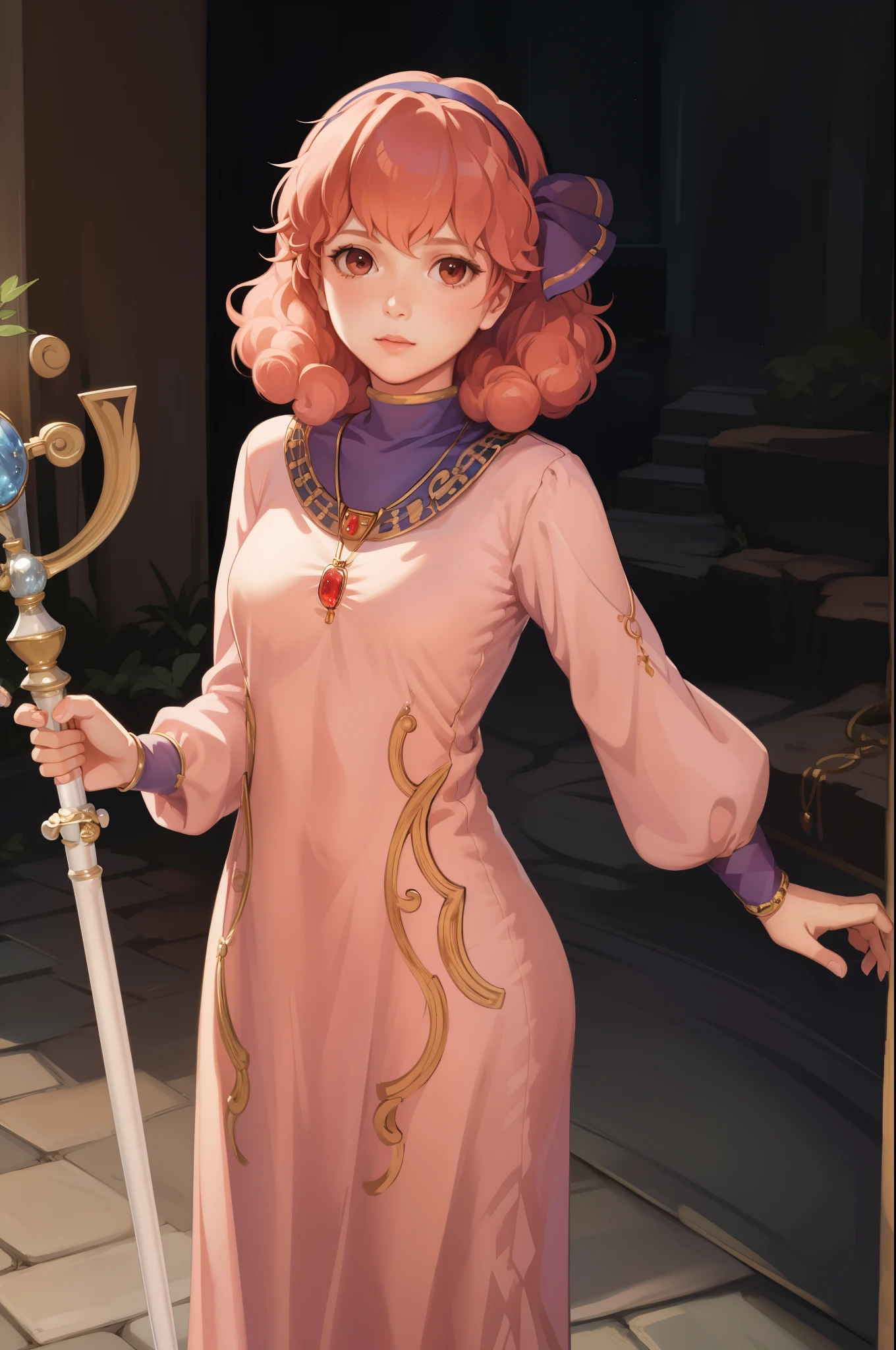 masterpiece, best quality, genny, hairband, necklace, long dress, looking at viewer, holding a wizard's staff