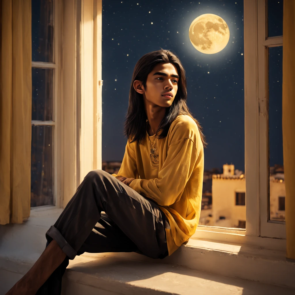 very slim young boy, 15 y.o, thin face, Moroccan, brown skin color, black straight long hair, long hair, straight hair, sitting by the window under the warm light of a yellow full moon, stars in the sky, full moon, night, warm tones, soft colors, realistic, cinematic, ultra quality
