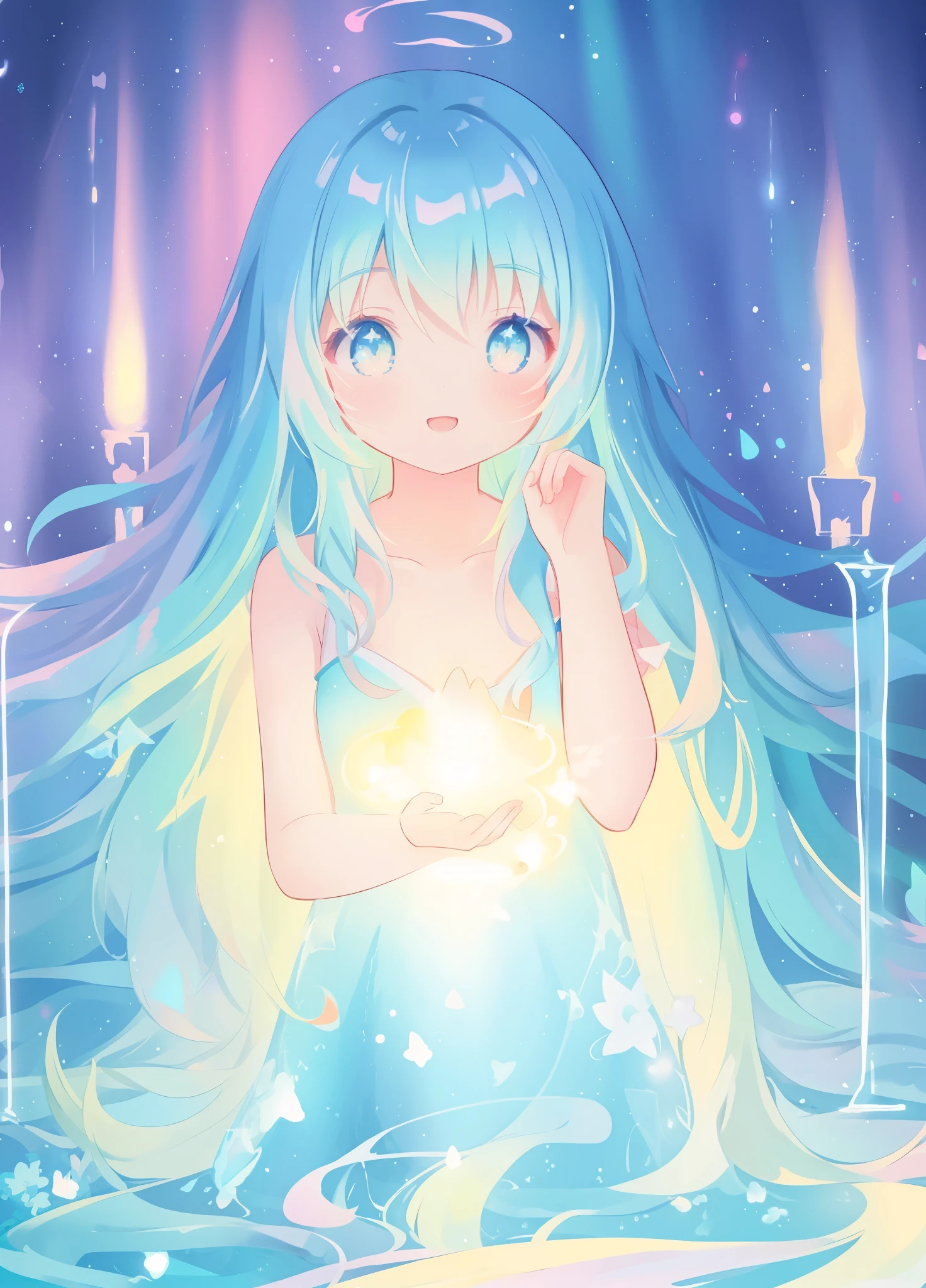 beautiful anime girl, portrait, vibrant pastel colors, (colorful), magical lights, long flowing colorful hair, inspired by Glen Keane, inspired by Lois van Baarle, disney art style, by Lois van Baarle, glowing aura around her, by Glen Keane, jen bartel, glowing lights! digital painting, flowing glowing hair, glowing flowing hair, beautiful digital illustration, fantasia background, whimsical, magical, fantasy, beautiful face, ((masterpiece, best quality)), intricate details, highly detailed, sharp focus, 8k resolution, sparkling detailed eyes, liquid watercolor