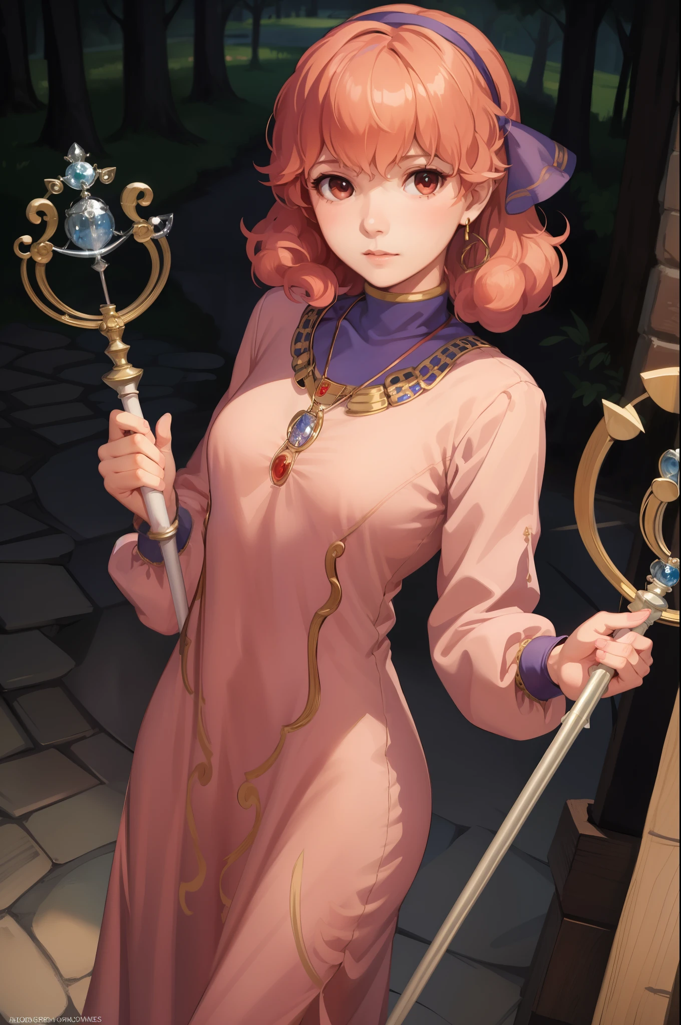 masterpiece, best quality, genny, hairband, necklace, long dress, looking at viewer, holding a wizard's staff