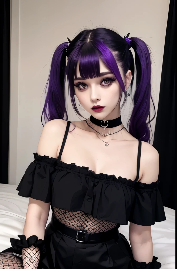 woman, goth, purple hair, off the shoulder, pigtails with choppy bangs, fishnets, full body shot, bedroom, eyeliner, smokey eyes, pale skin, black lips, heart choker