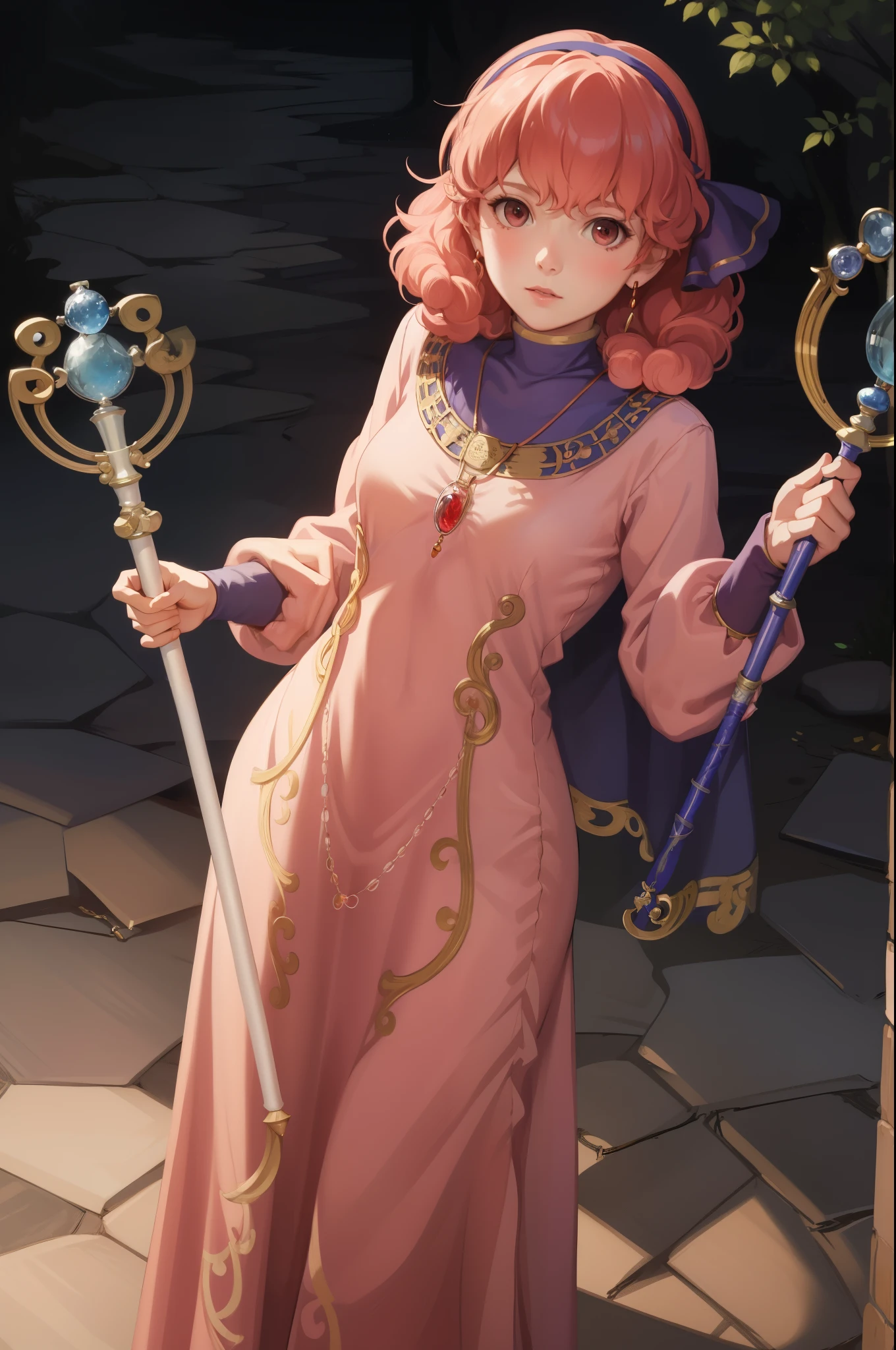 masterpiece, best quality, genny, hairband, necklace, long dress, looking at viewer, holding a wizard's staff