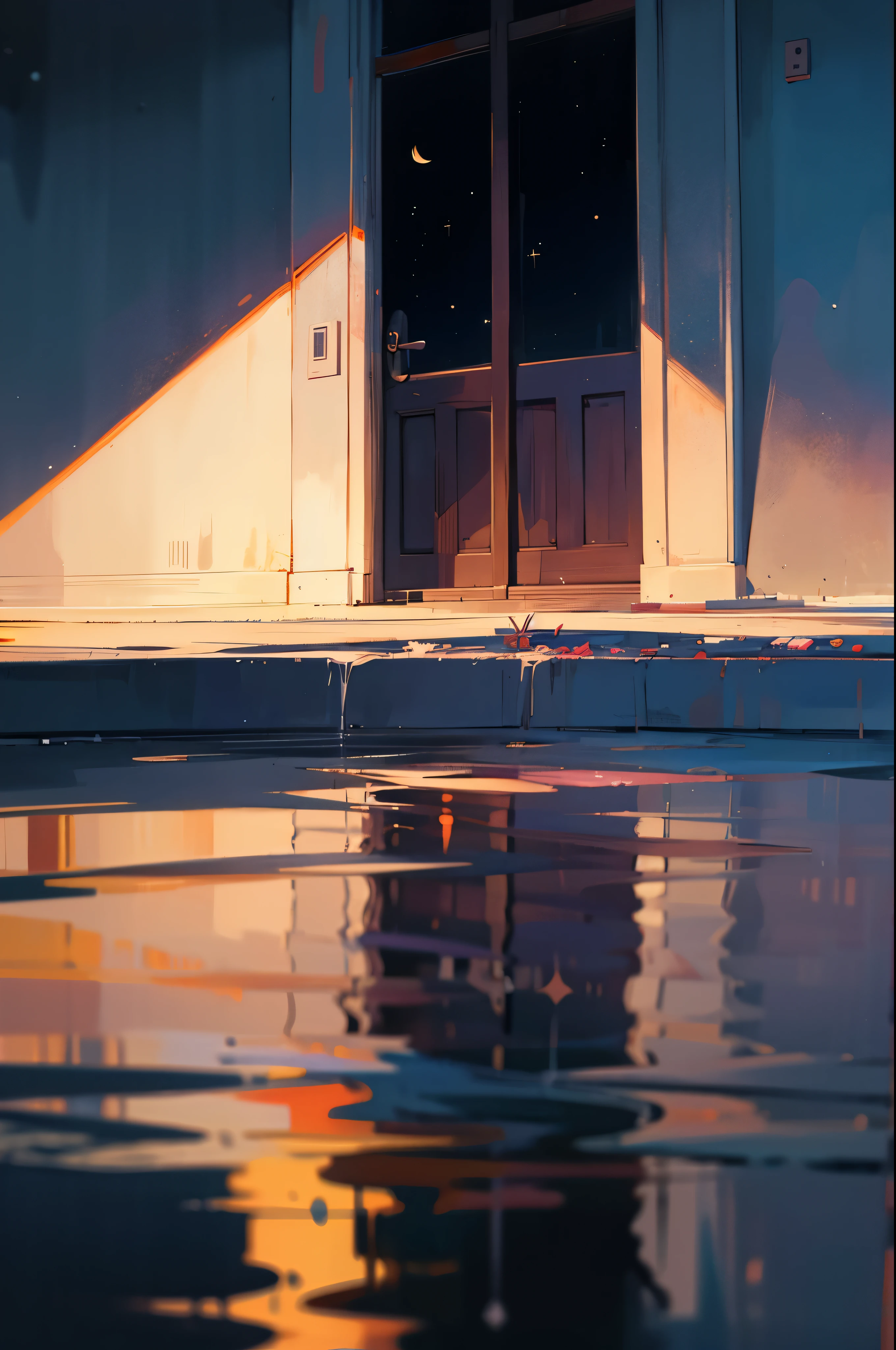 adoor standing alone in the middle of the dark night sky, a reflection of the night sky on the ground as if the ground is a calm water surface with no disturbances. a letter being placed on the surface of the water in front of the door