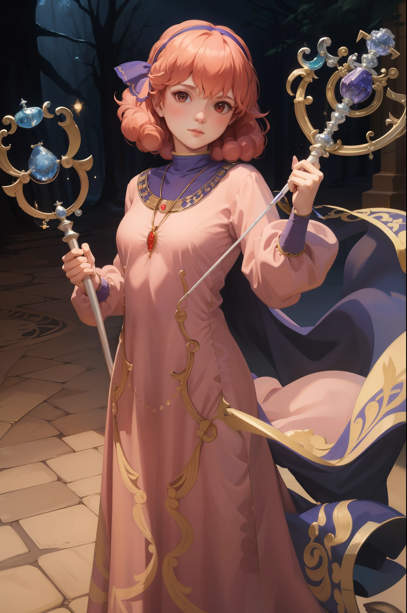 masterpiece, best quality, genny, hairband, necklace, long dress, looking at viewer, holding a wizard's staff