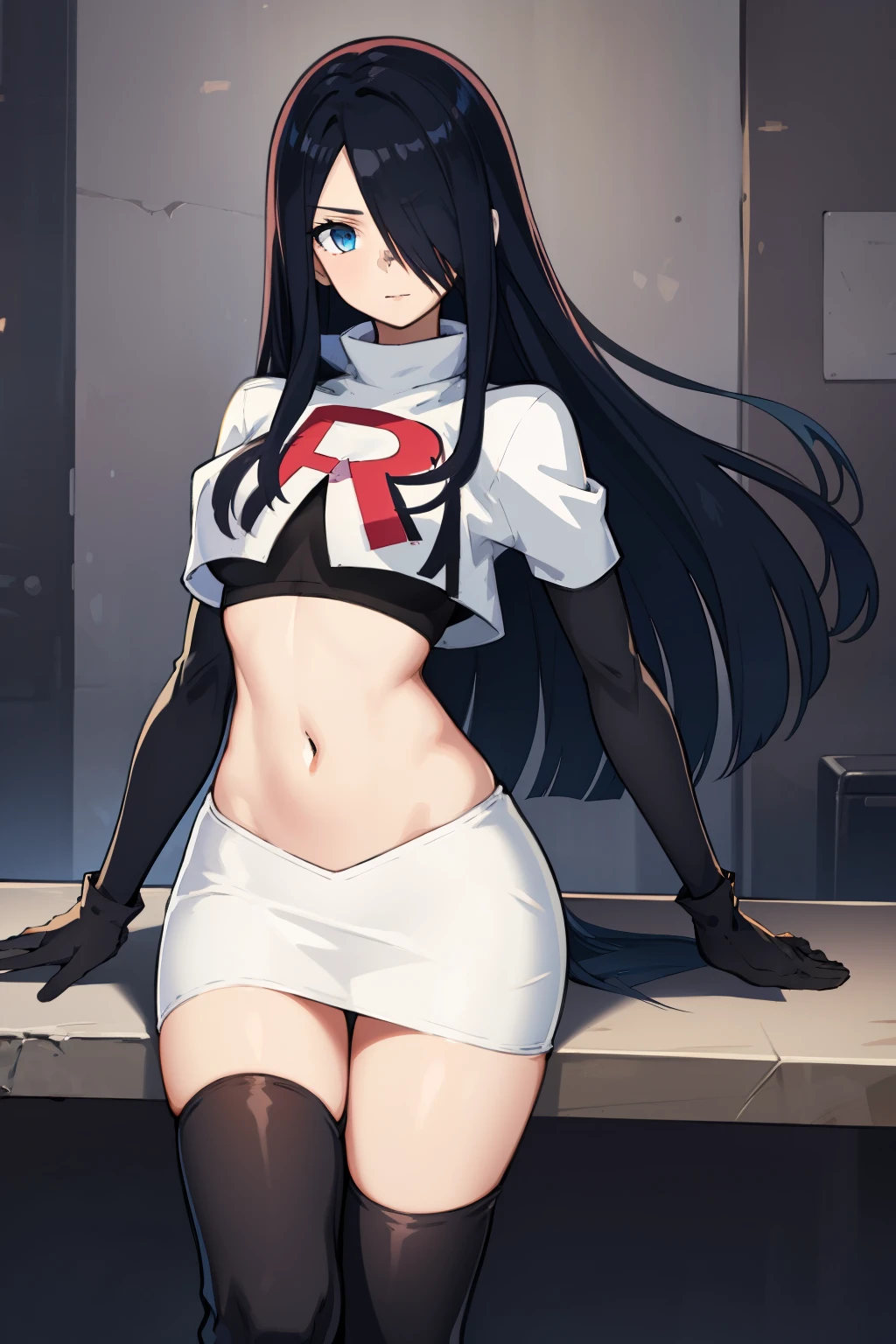 1girl, solo, (masterpiece, best quality:1.4), extremely detailed face, perfect lighting, pawoonekoyanagi, hair over one eye, very long hair, black hair, blue eyes, scar, burn scar, team rocket,team rocket uniform,white skirt,crop top,black thigh-highs,black elbow gloves,