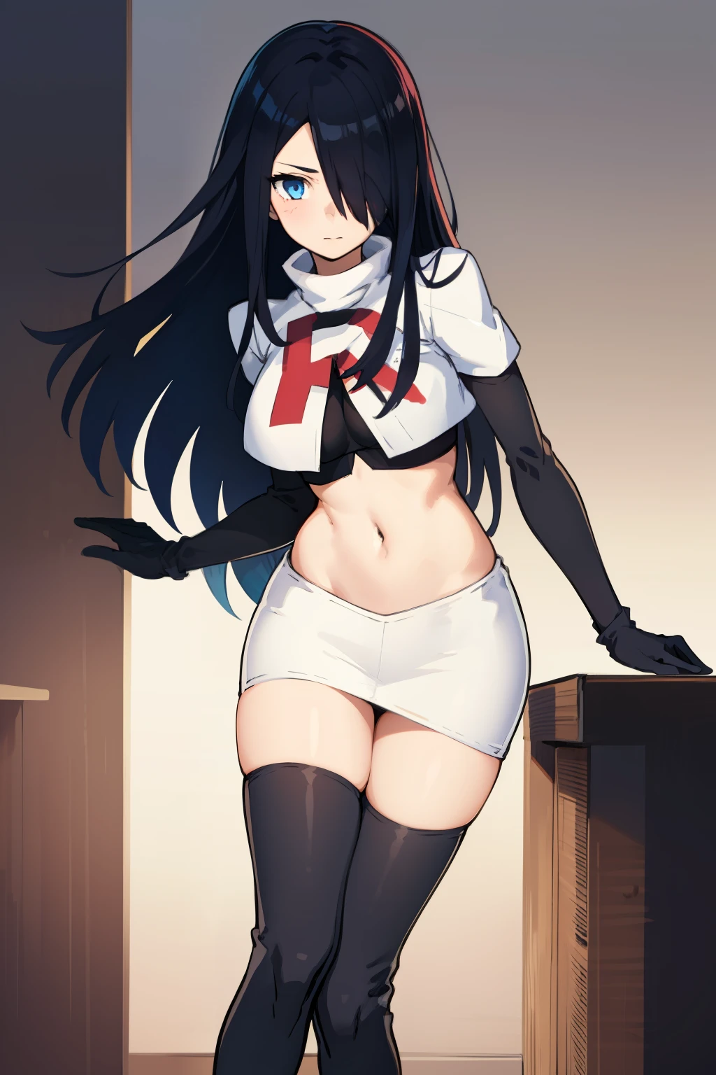 1girl, solo, (masterpiece, best quality:1.4), extremely detailed face, perfect lighting, pawoonekoyanagi, hair over one eye, very long hair, black hair, blue eyes, scar, burn scar, team rocket,team rocket uniform,white skirt,crop top,black thigh-highs,black elbow gloves,