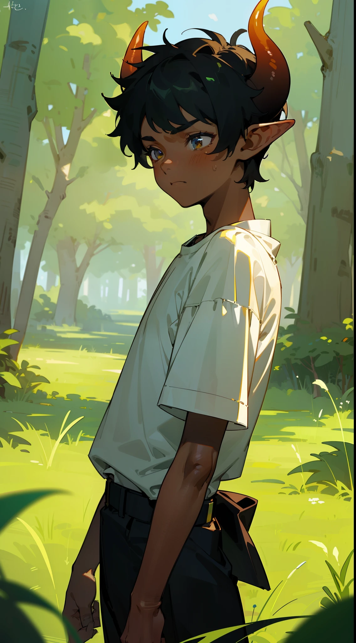 Masterpiece,best quality,hd,4k,waist-up view,close-up(1boy,10 years old),solo,((dark skin)),((white shirt,short sleeves)),Short hair,black hair,elf ears,(horns),(grass,forest background),from side,(sad face)