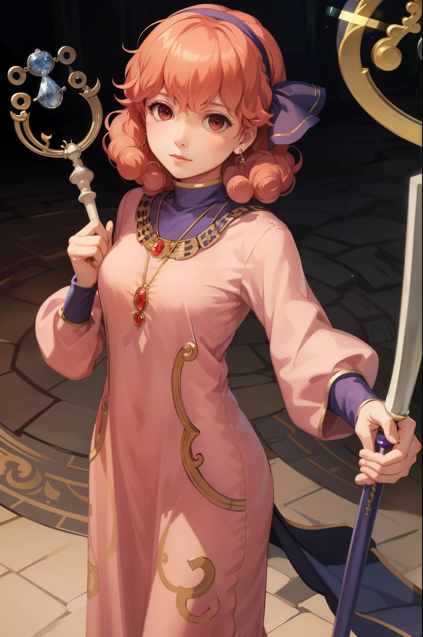 masterpiece, best quality, genny, hairband, necklace, long dress, looking at viewer, holding a wizard's staff