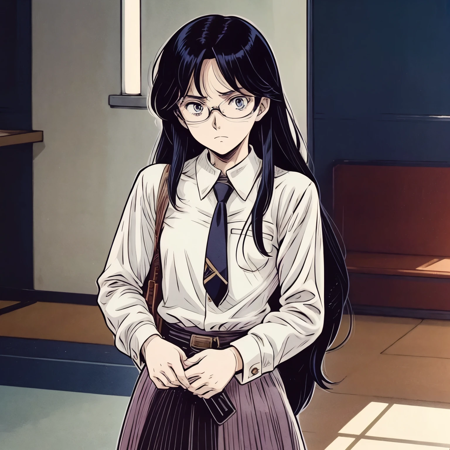 The description of a pretty high school girl with black long hair and sleepy eyes, inspired from "Detective Conan," suggests a character who might possess a mysterious and observant nature. This individual could potentially have a keen eye for detail and a penchant for solving puzzles and mysteries, much like the main character from the popular series.