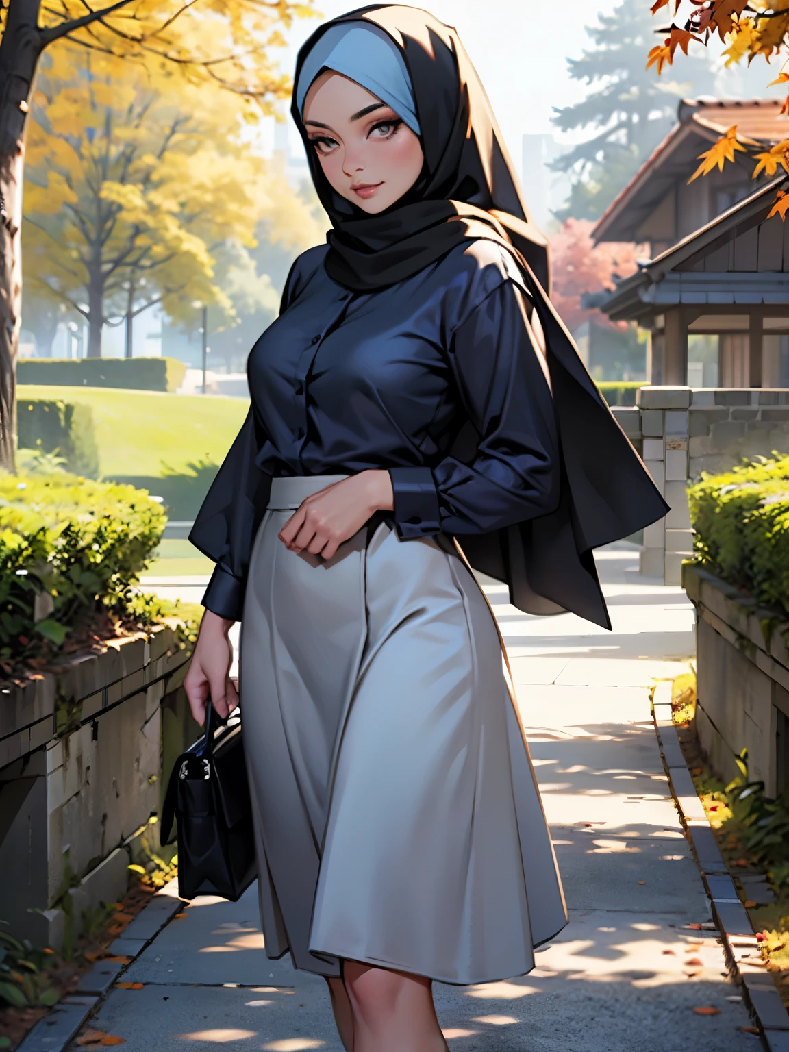 3dmm style, Masterpiece, realistic, best quality, best lighting, beautiful mature Czech woman, 1 girl photo solo, beautifully makeup, eyeshadow, Parted Lips, Detailed Eyes, Big eyes, brown eyes, long eye lashes, dimples on the cheeks, smile, wearing ((Dark blue satin hijab)), loosely tide hijab style, ((gray satin shirt and satin long skirt)), (Half-body portrait), Front view, Symmetric Centre, facing the viewer, walking on trails autumn garden.