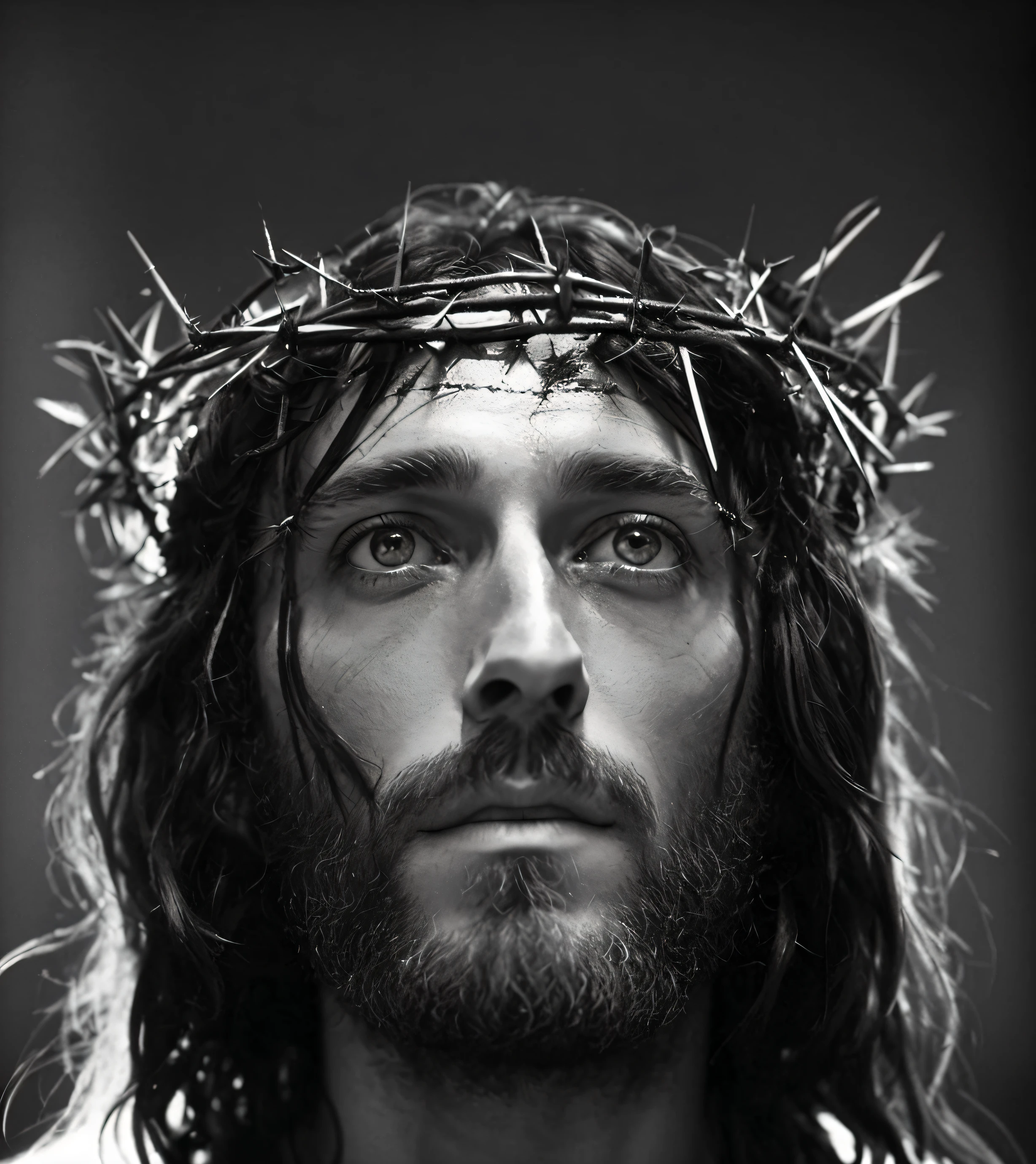 A backlit cinematic portrait of a man with a coroa de espinhos on his head, Jesus, Jesus of nazareth, Jesus christ, por Mirabello Cavalori, portrait of Jesus christ, coroa de espinhos, Jesus face, no design de Eliot Kohek, por Lee Jeffries, cristão, Rei dos Reis, por Emmanuel Lubezki, lubezki