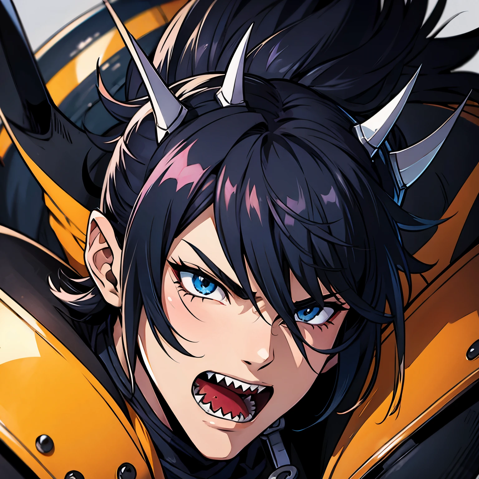 Personagem Masculino Adolescente de anime com: Cabelo preto penteado, Olhos Vermelhos, Dentes afiados(shark-like).