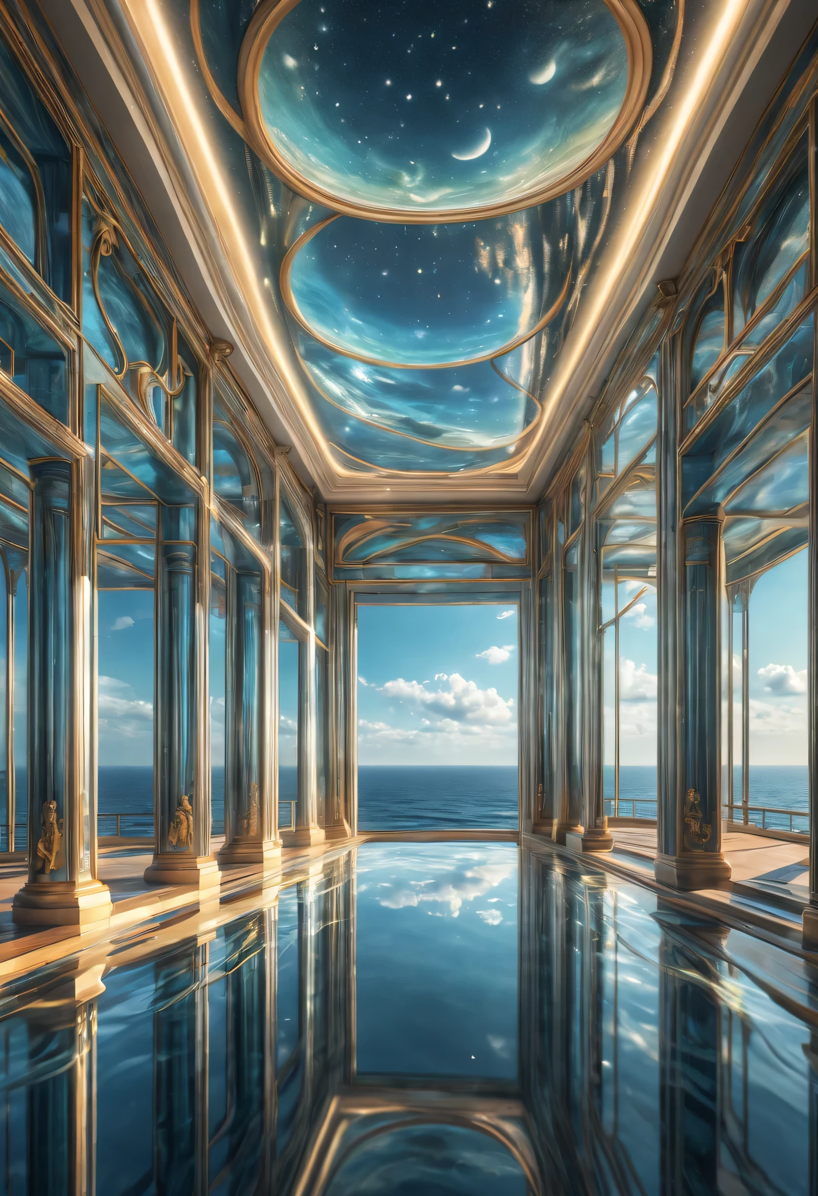 (best quality,4K,high-rise building)。Optical Illusion Art Museum,mirror maze,Reflective surface,Sparkling water,sunlight reflections,mysterious atmosphere,ethereal beauty,Dazzling light effects,excellent,Unreal landscape,complex path,Mirrored corridor,seemingly endless corridors,Charming pattern,luminescent colors,Translucent glass,mind bending,unrealistic,otherworldly,wavy twist,Meticulous attention to detail,majestic,Yacht passing by,distant horizon,peaceful atmosphere,Bright sky,Calm sea view,Luxurious feeling,peaceful escape,hallucination maze,Hidden secrets,Disorientation,mysterious perspective,mysterious adventure,multiple reflections,magic realm,rustling wind,Vibrant shades,consist of,bending,unpredictable journey,Charming atmosphere