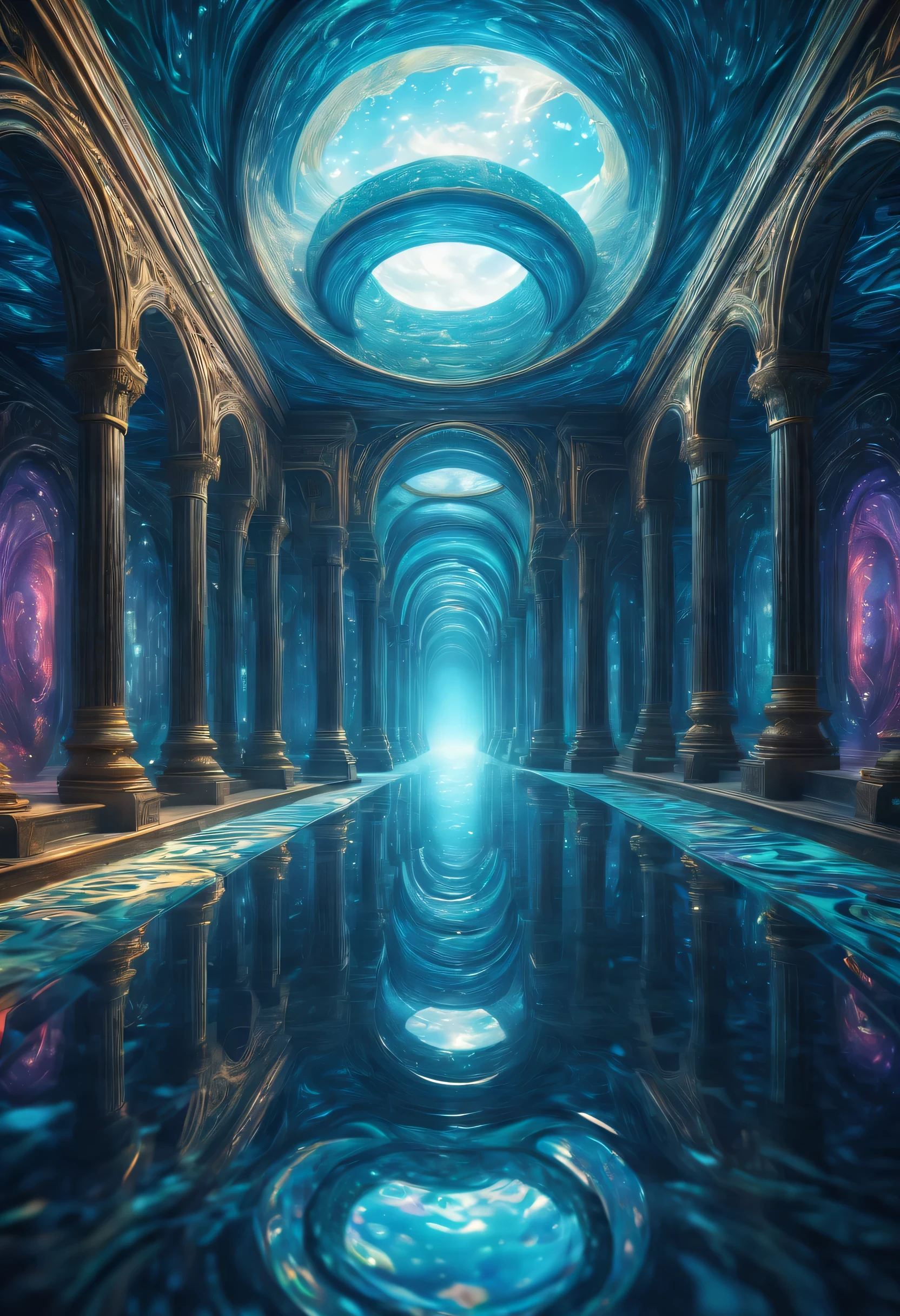(best quality,4K,high resolution),mirror maze,Reflective surface,Sparkling water,sunlight reflections,mysterious atmosphere,ethereal beauty,Dazzling light effects,dreamlike,Unreal landscape,complex path,Mirrored corridor,seemingly endless corridors,charming pattern,glowing color,Translucent glass,puzzling,nonrealistic,otherworldly,wavy twist,Meticulous attention to detail,majestic,Yacht sailing by,distant horizon,peaceful atmosphere,Bright sky,Calm sea view,Luxurious feeling,A peaceful escape,maze of illusions,Hidden secrets,disoriented,Incredible perspective,mysterious adventure,multiple reflections,magic realm,Whispering wind,Vibrant shades,harmonious composition,Meandering,unpredictable journey,Charming atmosphere