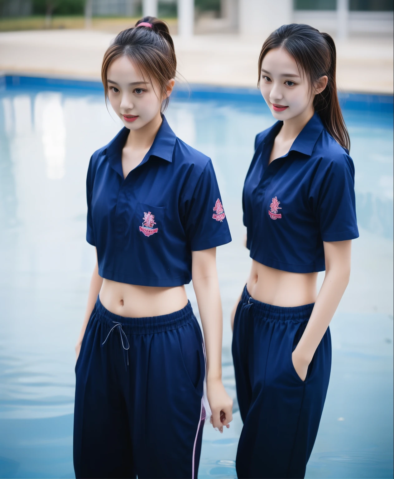2 girls in the swimming pool, Navy blue short-sleeved shirt,Navy Long Trackpant,Sweatpants, Sweatpantsขายาว,25 year old girl, lesbian, sexy, exercise clothes, wet body