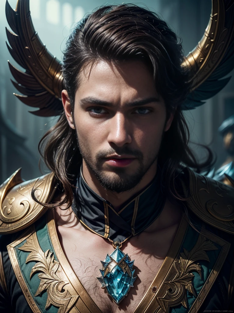 ((best quality)), ((masterpiece)), (detailed), high resolution, closeup portrait, A man, , greek god, fantasy, League of Legends style, beautiful figure painting, bright light, amazing composition, Front view, human development report, Volumetric lighting, super quality, elegant, highly detailed