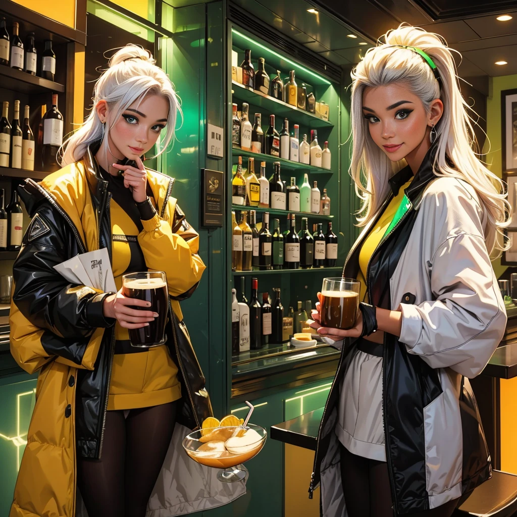 Best quality,tmasterpiece,Ultra-high resolution fills the picture,Indoor at night,bar in the sky, yellow and green color scheme for the wine bar,There was beer and wine, the night, inside in room, beer tapper machine, wine rack lockers, neon color scheme, orange-white hair,Black fashion clothing,yellow and green matching outfits, boxer, beautiful girl,cyberpunk background, background is colorful,Lateral face,Smiling,Various laid-back poses,Perfect makeup,Love eyes,8K quality,cyber punk personage,sense of science and technology,Character backlighting,rim-light,Movement changes,Flowing hairstyle,Loose hairstyle,The number of fingers is refined,The most beautiful girl in mankind,Wear a headband,Luminous accessories, Luminous earrings, Wear delicate accessories, Delicate close-up of the face, Realistic image quality,Super light and shadow,Very good figure,Meticulous,Have a cup or coffee on the roof in the evening,Very good figure,Raised sexy, luminous, Cool,Very stylish bar, wine bar at night, Ray gorgeous, Have food, Laugh happily,