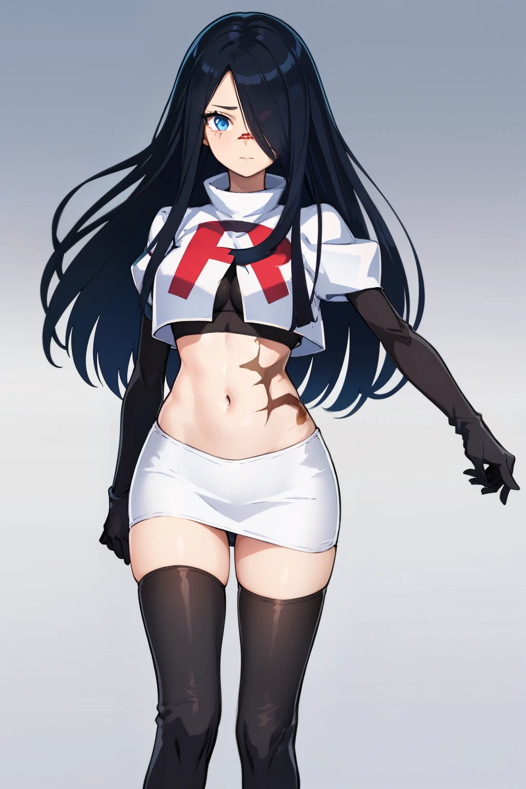 1girl, solo, (masterpiece, best quality:1.4), extremely detailed face, perfect lighting, pawoonekoyanagi, hair over one eye, very long hair, black hair, blue eyes, scar, burn scar, team rocket,team rocket uniform,white skirt,crop top,black thigh-highs,black elbow gloves,