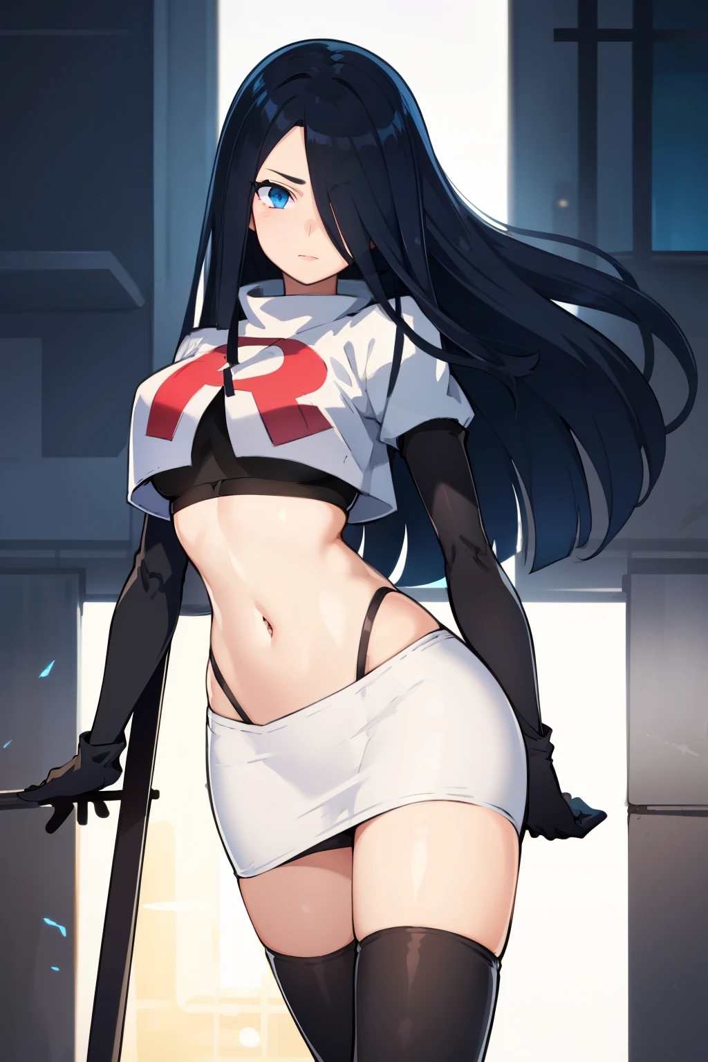 1girl, solo, (masterpiece, best quality:1.4), extremely detailed face, perfect lighting, pawoonekoyanagi, hair over one eye, very long hair, black hair, blue eyes, scar, burn scar, team rocket,team rocket uniform,white skirt,crop top,black thigh-highs,black elbow gloves,