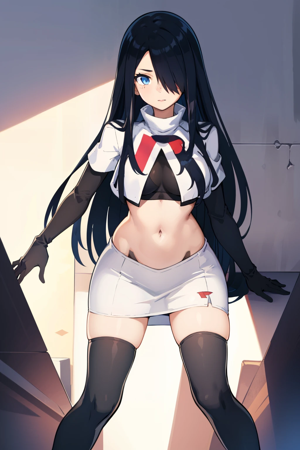 1girl, solo, (masterpiece, best quality:1.4), extremely detailed face, perfect lighting, pawoonekoyanagi, hair over one eye, very long hair, black hair, blue eyes, scar, burn scar, team rocket,team rocket uniform,white skirt,crop top,black thigh-highs,black elbow gloves,