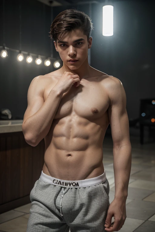 teen male, s, Atmospheric, S.t.a.yo.k.Y.Estilo R, niebla, chromatic aberration, cara cuadrada masculina sexy, Chainlet, tight gray white boxers, cuerpo delgado, derribado, Pose de esclavo, bokeh, movie