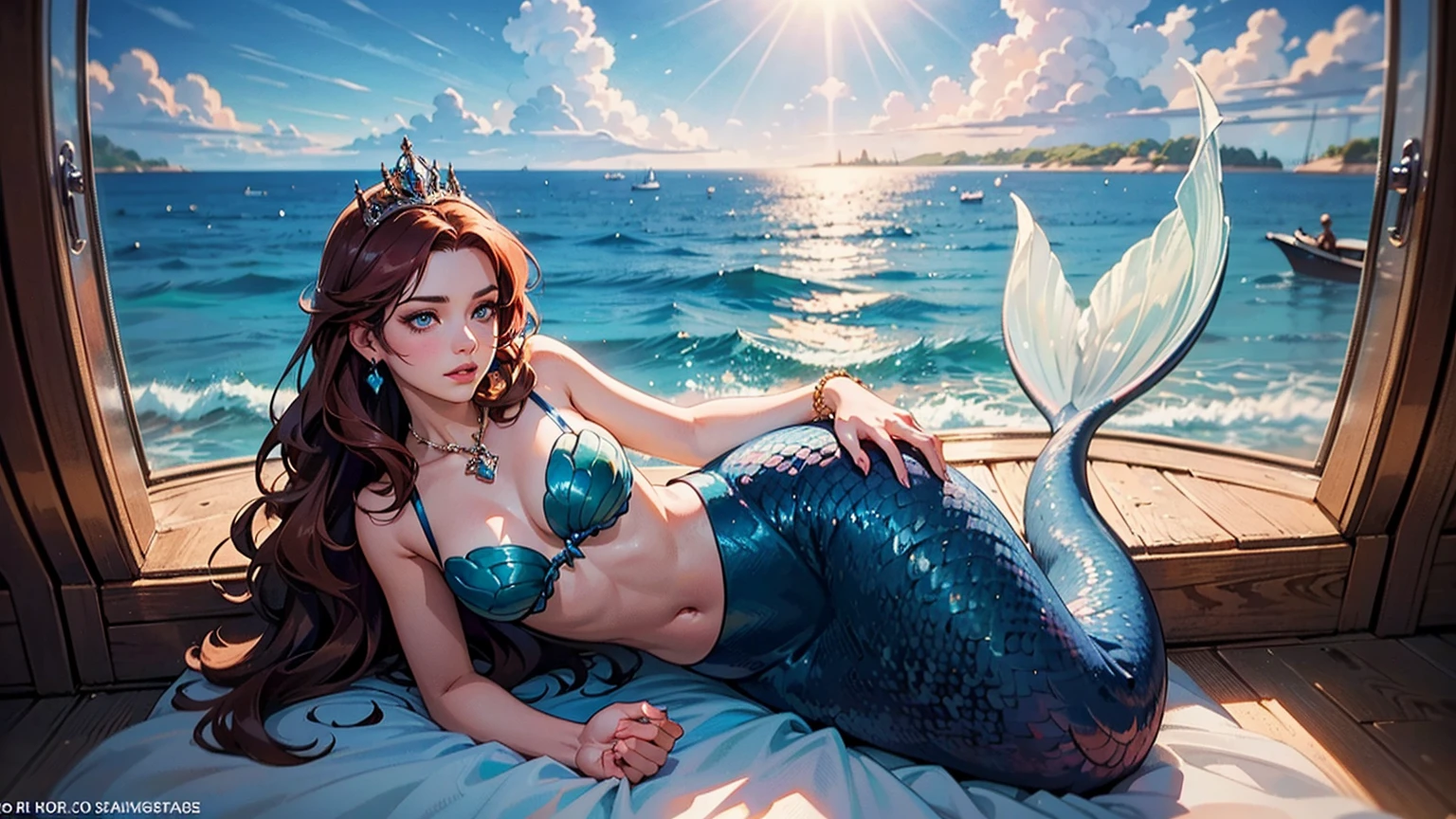 ((masterpiece: 1.2, 16k, super detail, best quality, accurate, high resolution, high quality)), (Wallpaper), (Mermaid Princess), looking at the spectators, age 18, (mermaid singing), beautiful and charming mermaid, model face, detailed eyes with intense water shine, shiny white skin, glossy lips, long curly hair, long red hair reflecting the sun's rays, ethereal shine, glass earrings in the ears, beautiful body, slim waist, beautiful European girl, solo Mermaid, model face, exquisite facial features, clear facial expressions, piercing and enchanting blue eyes, rosy cheeks and luscious lips, enchanting smile, flowing golden locks, gradient hair, dynamic poses, jewelry, tiara, necklace, pearls, a stunning paradisiacal beach, white sands stretch beneath tall coconut trees, the mermaid rests gracefully on rocks near the water, peacefully observing the horizon, the sky is a dome of intense blue, few clouds in the sky, complex background, very detailed illustration, Ultra-detailed CG, professional art, vibrant appearance, raw photo, (a majestic vision), (dramatic photo:1.4), cinematic, (HDR:1.5), (intricate details:1.1), natural colors, splendid lighting effects, (dramatic light), (Cinematic lighting), epic and surrealistic anime, detailed anime digital art, anime digital art, high-quality anime art style, award winning,