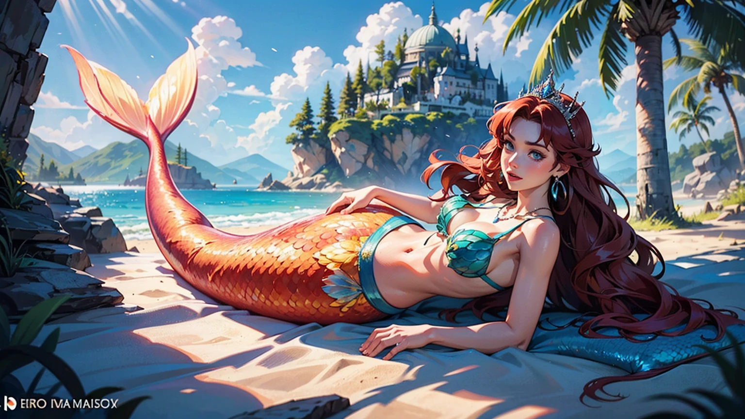 ((masterpiece: 1.2, 16k, super detail, best quality, accurate, high resolution, high quality)), (Wallpaper),  (Mermaid Princess), looking at the spectators, age 18, (mermaid singing), beautiful and charming mermaid, model face, detailed eyes with intense water shine, shiny white skin, glossy lips, long curly hair, long red hair reflecting the sun's rays, ethereal shine, glass earrings in the ears, beautiful body, slim waist, beautiful European girl, solo Mermaid, model face, exquisite facial features, clear facial expressions, piercing and enchanting blue eyes, rosy cheeks and luscious lips, enchanting smile, flowing golden locks, gradient hair, dynamic poses, jewelry, tiara, necklace, pearls, a stunning paradisiacal beach, white sands stretch beneath tall coconut trees, the mermaid rests gracefully on rocks near the water, peacefully observing the horizon, the sky is a dome of intense blue, few clouds in the sky, complex background, very detailed illustration, Ultra-detailed CG, professional art, vibrant appearance, raw photo, (a majestic vision), (dramatic photo:1.4), cinematic, (HDR:1.5), (intricate details:1.1), natural colors, splendid lighting effects, (dramatic light), (Cinematic lighting), epic and surrealistic anime, detailed anime digital art, anime digital art, high-quality anime art style, award winning, 