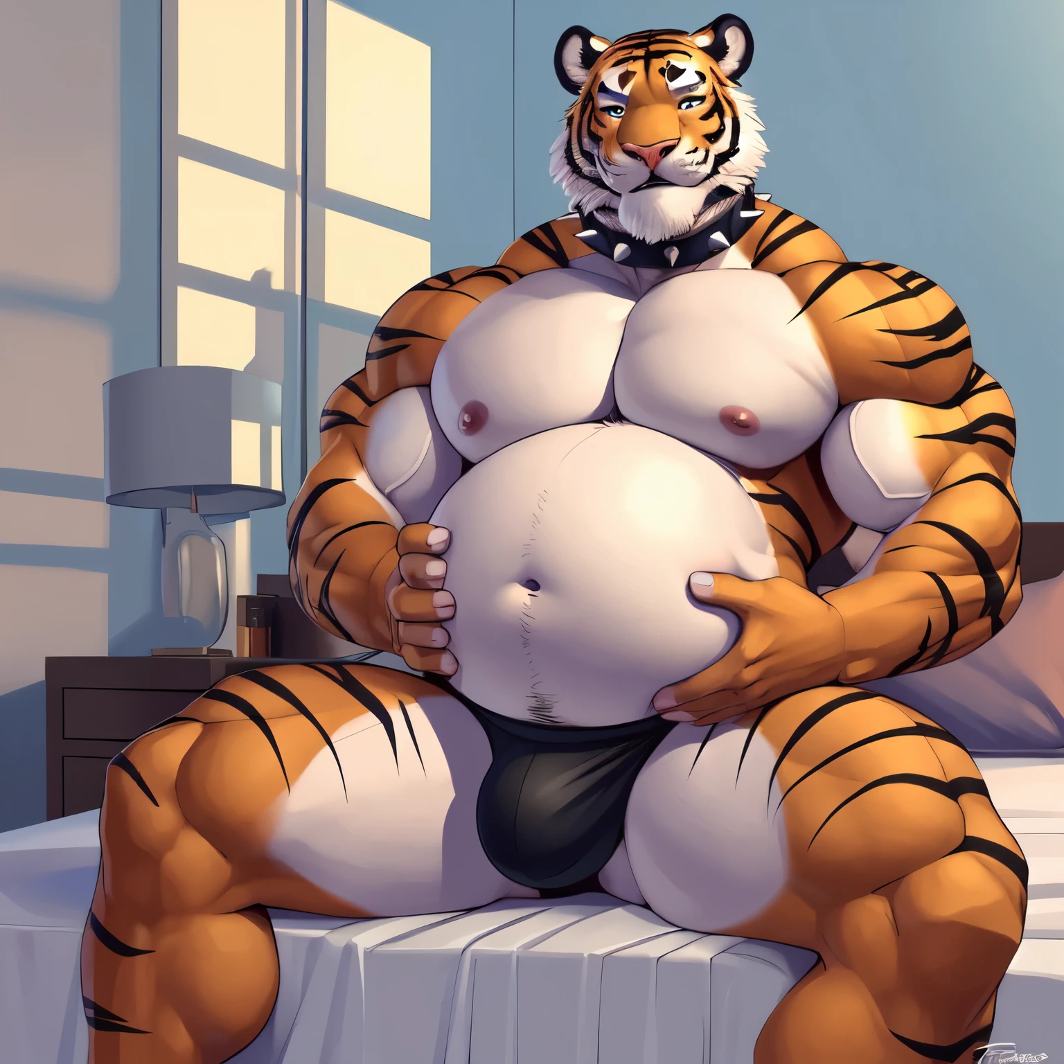 (by feralise, by taran fiddler)(simple shading), male, two tiger, two characters, sitting on bed, rubbing belly (touching belly:1.3), wearing spiked collar, showing off belly, athletic body ((correct anatomy:1.3)), bulky, round bloated belly (with some muscle), muscle gut, bulge, black thong underwear, bedroom enviroment (bed)
