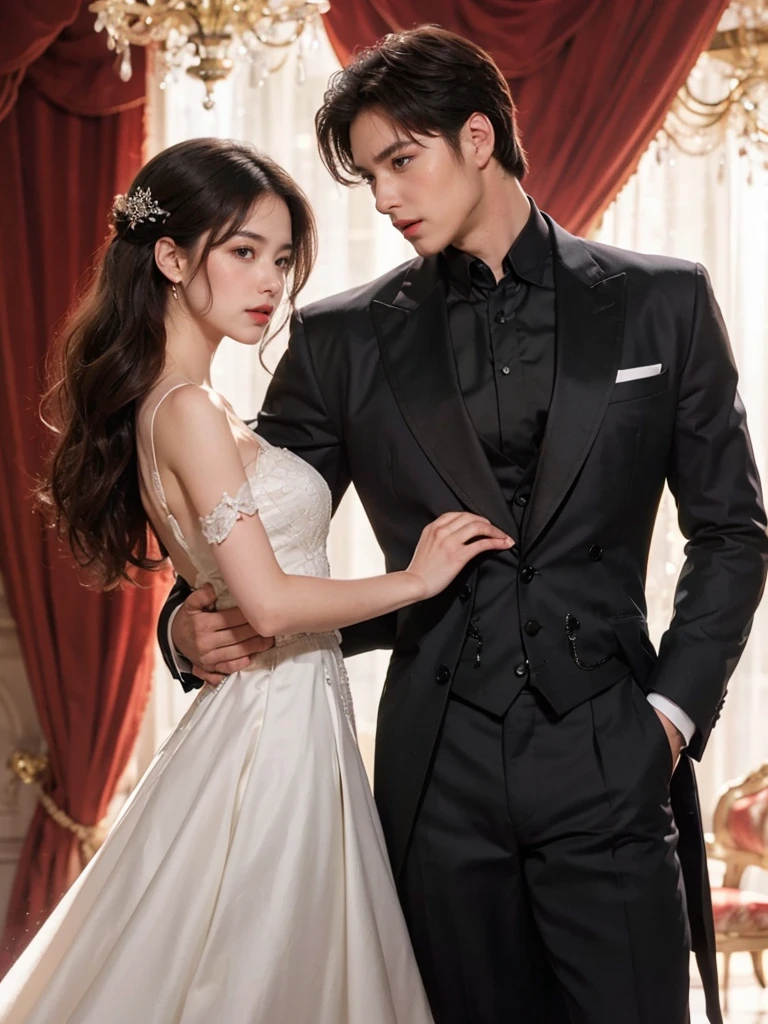 A man and girl,primitive, Masterpiece, ultra fine photos, Best quality, Ultra-high resolution, Realistic, Sunny, full-body portraits, Amazing man, Dynamic posture, exquisite face, Vibrant eyes, Very detailed background, Detailed face, detailed tidy background, Gorgeous, High detail skin, Realistic skin details, Visible pores, Clear focus, volume fog, 8K UHD, Digital SLR, High quality, filmgrain, Fair skin, Realism,(((Handsome man and beautiful girl:1.4)))