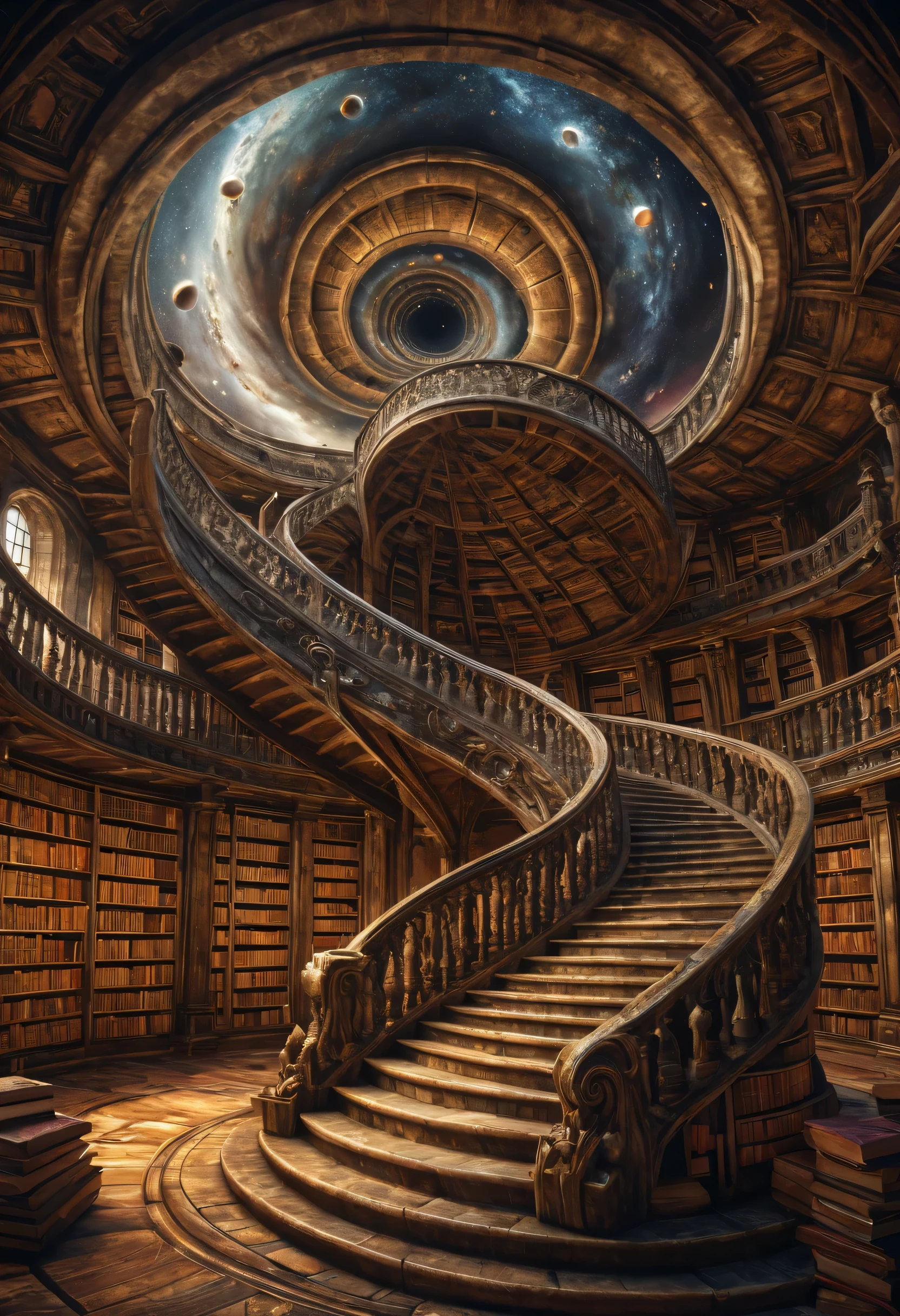 (best quality,8k,high resolution,masterpiece:1.2),infinite ascending celestial library with mesmerizing spiral,books,spiral,Escher,Dark souls,魔法books馆,inclination,fantasy,Popular art sites,Fractal,Gorgeous,sharp focus