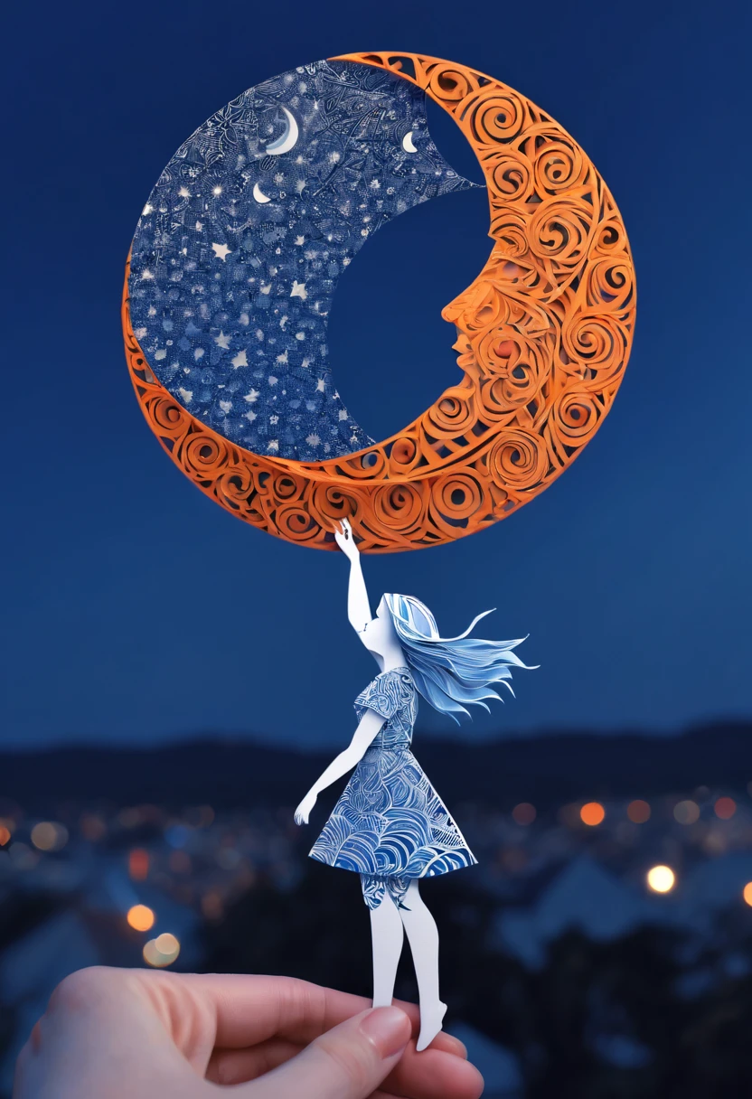 optical illusion, a girl in the distance, it seems that she is holding the moon in her hands, distant shot and close shot, optical illusion, zentangle, origami, cinematic, orange,blue,