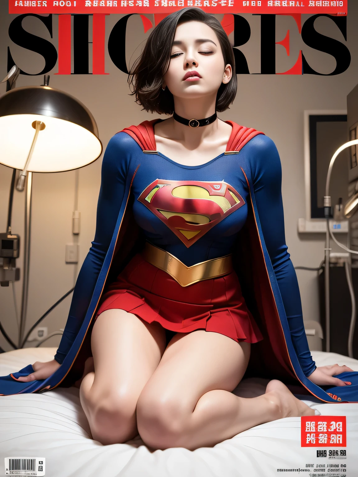 top-quality、​masterpiece,Short-haired Supergirl sleeping in the operating room、Plump breasts、Looking at the camera、a choker、bare-legged、MagazineCover、highleg、a miniskirt、Tight costumes、Puzzled、Large open legs、Obscene、Show a glimpse、Fluttering cloak、Affair