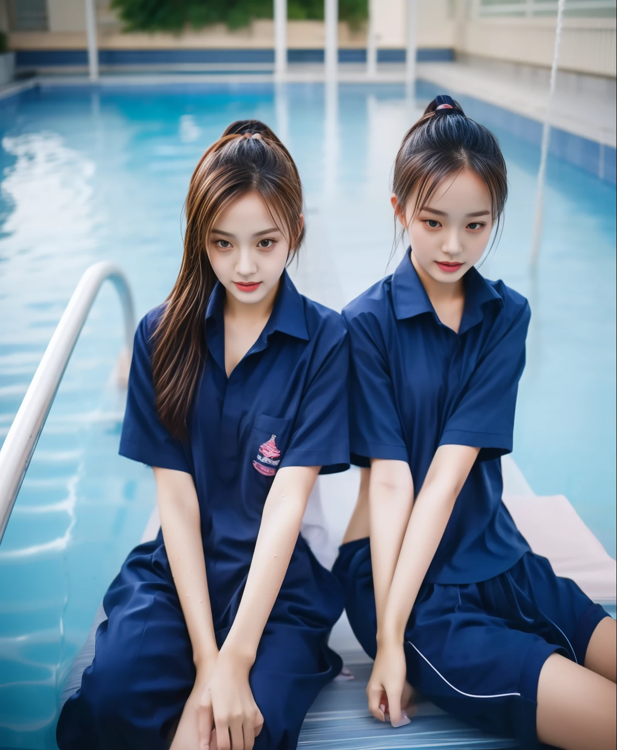 2 girls in the swimming pool, Navy blue short-sleeved shirt,Navy Long Trackpant,Sweatpants, Sweatpantsขายาว,25 year old girl, lesbian, sexy, exercise clothes, wet body, Soak your feet in water