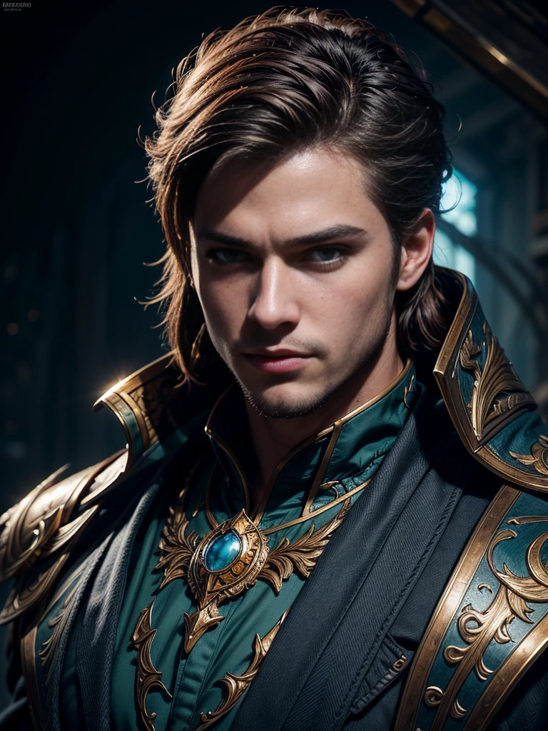 ((best quality)), ((masterpiece)), (detailed), high resolution, closeup portrait, A man, handsome and attractive,blue eyes,,greek god, fantasy, League of Legends style, beautiful figure painting, bright light, amazing composition, Front view, human development report, Volumetric lighting, super quality, elegant, highly detailed