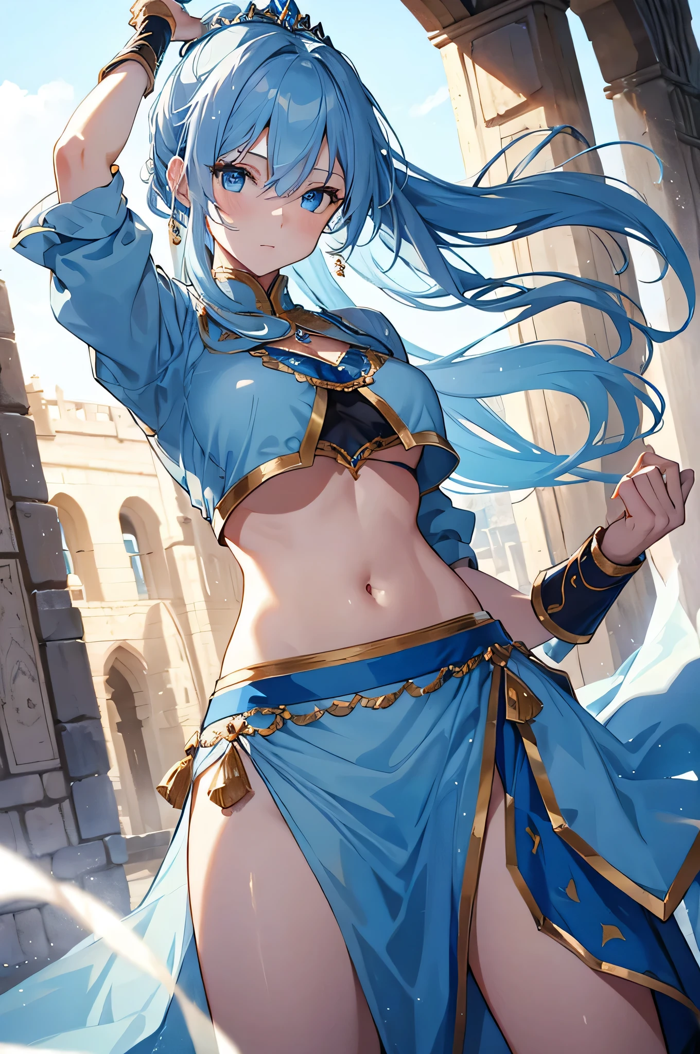 4K,High resolution,one woman,light blue hair,long ponytail,bright blue eyes,big breasts,Brave,white arabic dancer clothes,princess tiara,Jewelry Decoration,Navel exposure,Longsword in right hand,medieval town