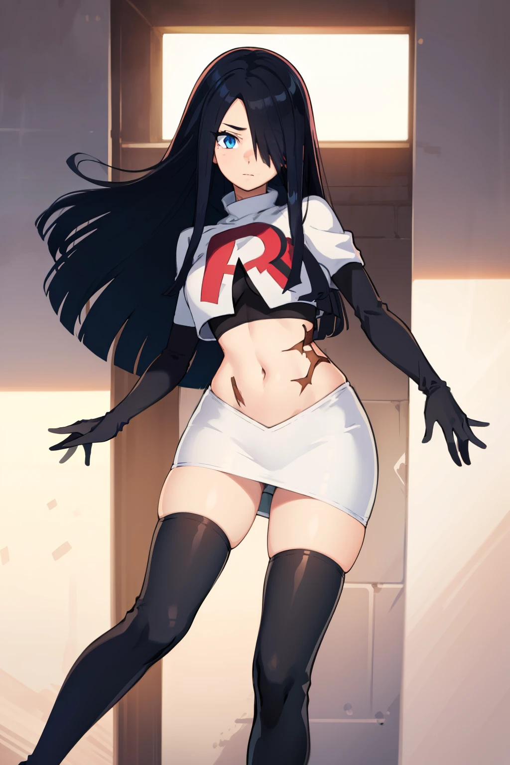 1girl, solo, (masterpiece, best quality:1.4), extremely detailed face, perfect lighting, pawoonekoyanagi, hair over one eye, very long hair, black hair, blue eyes, scar, burn scar, team rocket,team rocket uniform,white skirt,crop top,black thigh-highs,black elbow gloves,