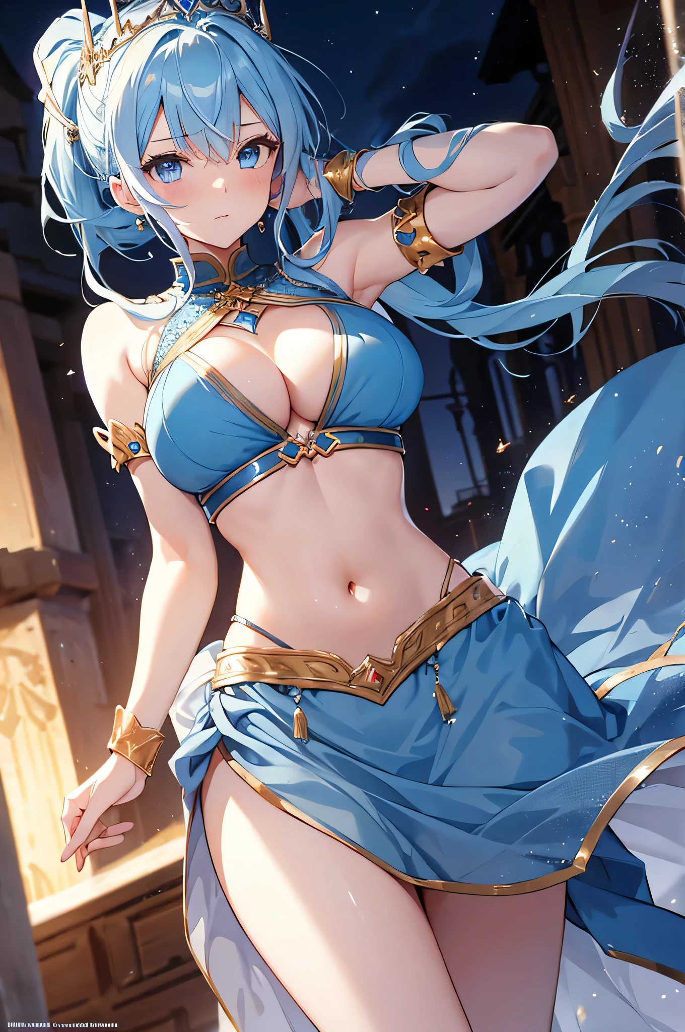 4K,High resolution,one woman,light blue hair,long ponytail,bright blue eyes,big breasts,Brave,white arabic dancer clothes,princess tiara,Jewelry Decoration,Navel exposure,Longsword in right hand,medieval town