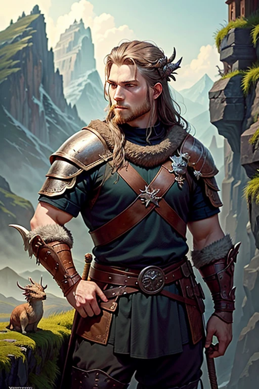 A young Viking warrior and his pet dragon., not something from a mountain observing the enemy terrain, The man is holding a staff and the dragon is behind him., detalles intrincados, Fantasy Art, Asombroso, arte premiado.