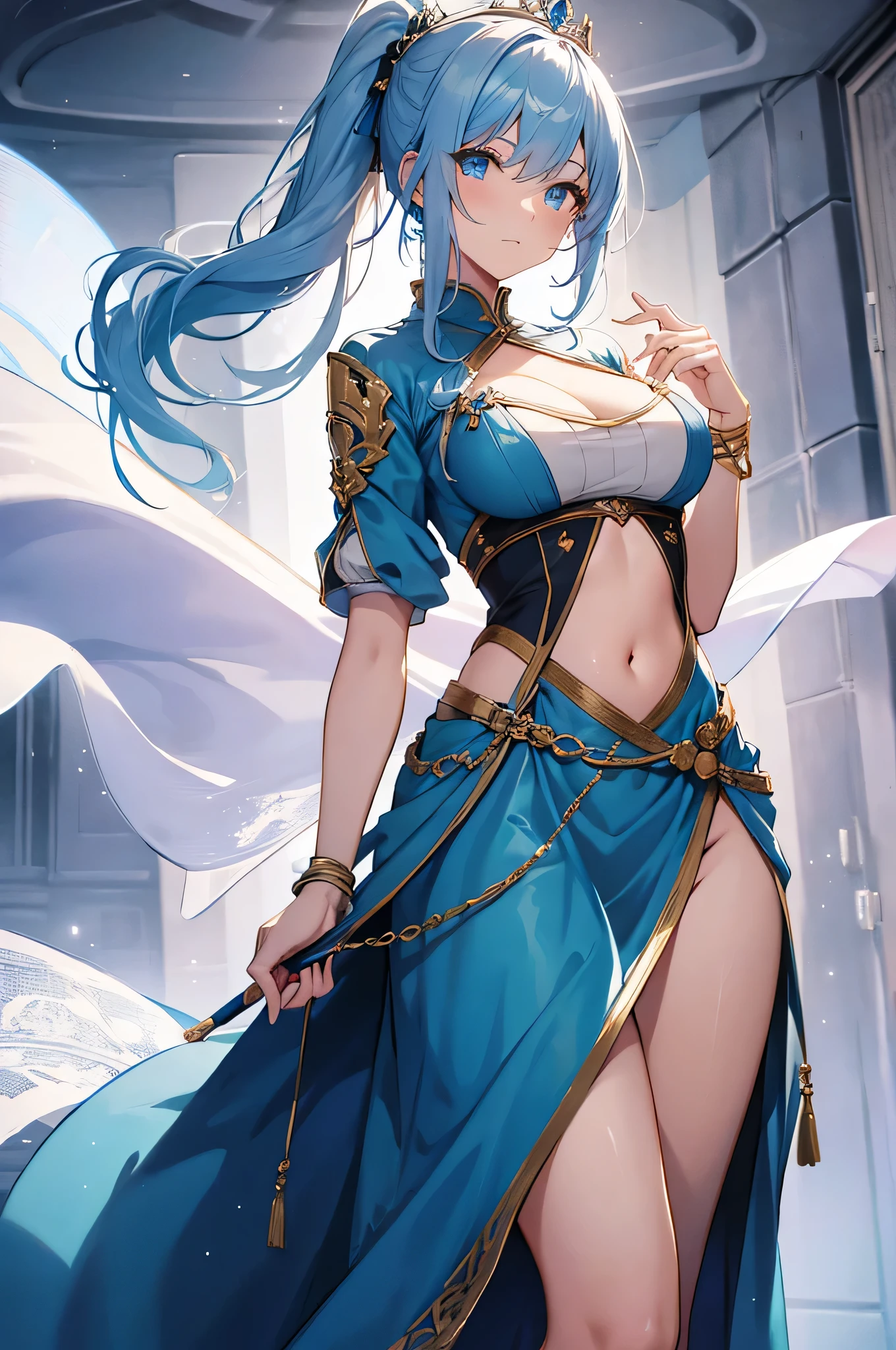medium breast, Short blue hair. She has blue slanted eyes. Straight hair to the shoulder wearing a large witch hat. Wearing aqua blue laytex outfit with knee high heel, dark castle interior background, kung fu stance, close up, back turned