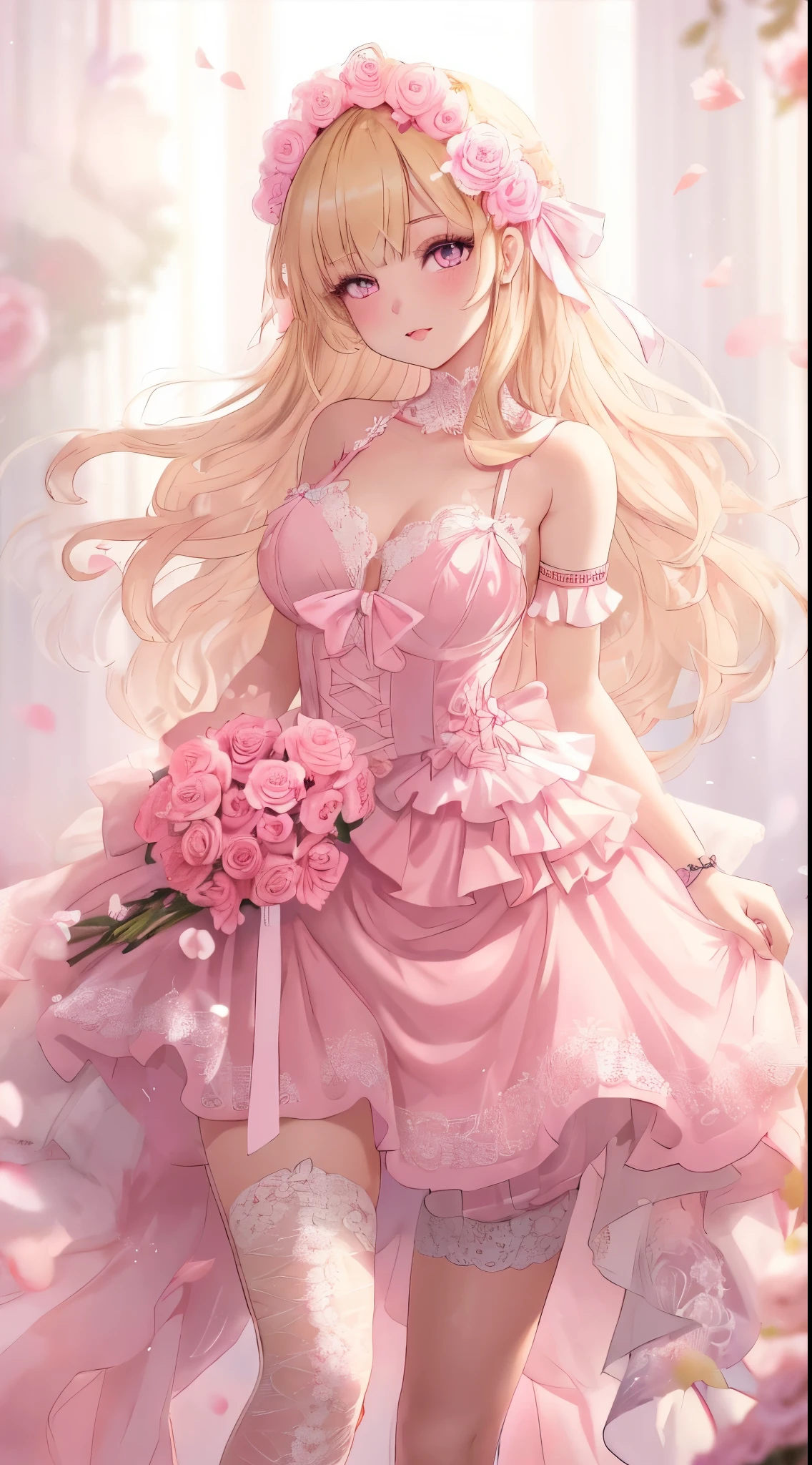 big breasts, big breasts, voluptuous breasts, A beautiful girl with long, blonde hair and bangs, wearing a pink fishtail dress adorned with white lace and ribbons at the chest, a petticoat with lace trim on the skirt, pink heels, rings, bracelets, and a floral hair decoration. The background features pink roses and light effects, creating an elegant and soft atmosphere,high quality, amount of drawing, pixiv illustration