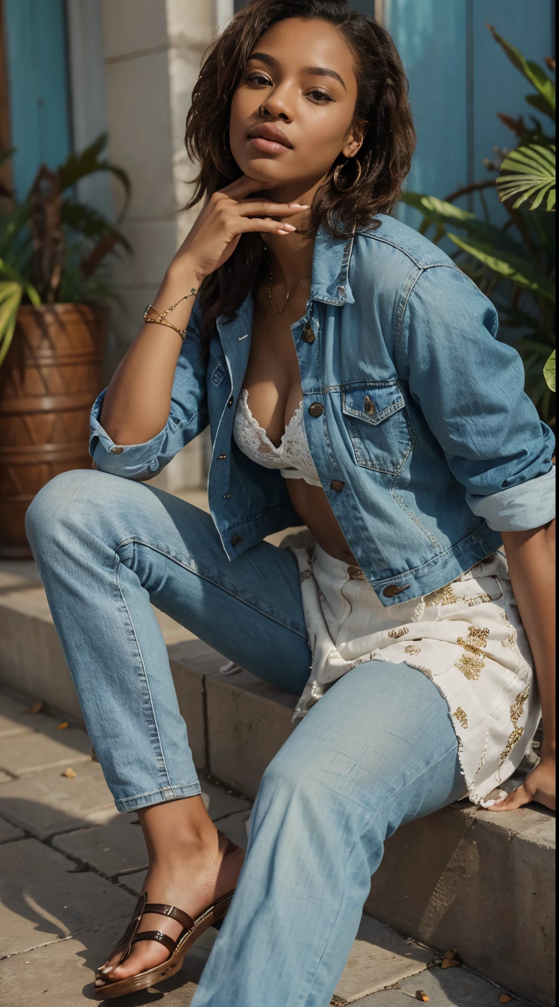 fair light skinned, african, tall (cute 30yo woman), brown eyes, ((nappy hair)),sitting on a blue wall. She is wearing a stylish blue jacket and jeans, with sandals on her feet. The dominant colors in the image are shades of blue, giving it a cool and trendy vibe, confident pose exudes elegance and grace as she sits comfortably on the step, kiss, beautiful, no imperfections ((very detailed)), (perfectly detailed face), (well detailed hands), pores skin, sweet skin, photorealistic image, instagram photo, RAW photo, 8k, film grain.