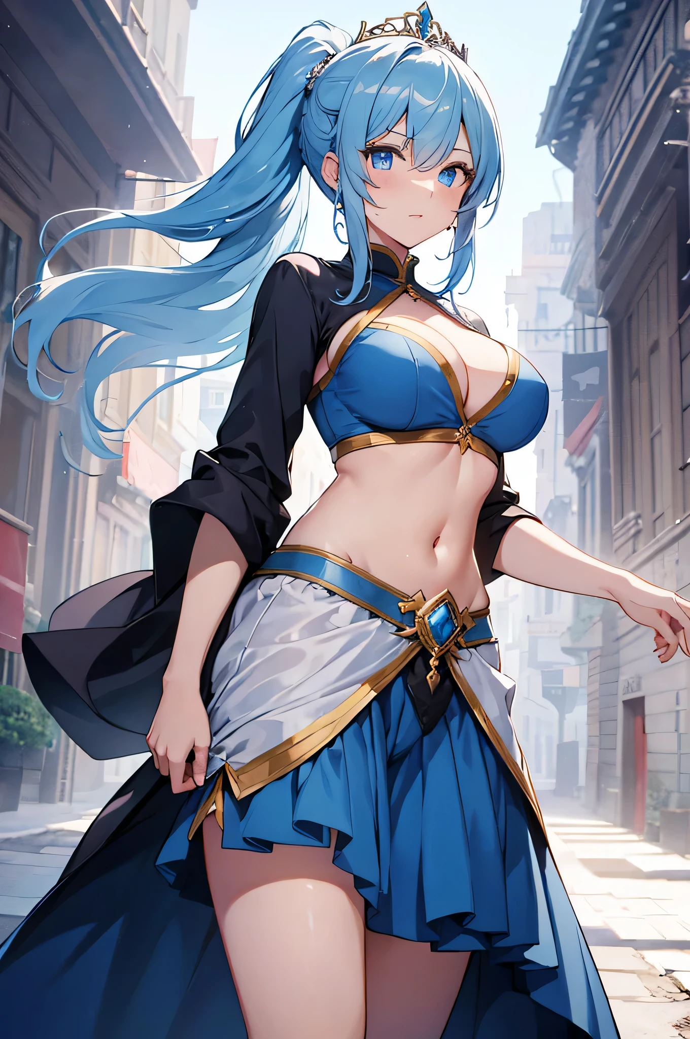 4K,High resolution,one woman,light blue hair,long ponytail,bright blue eyes,big breasts,Brave,white arabian dancer dress,princess tiara,Jewelry Decoration,Navel exposure,Long sword,medieval town